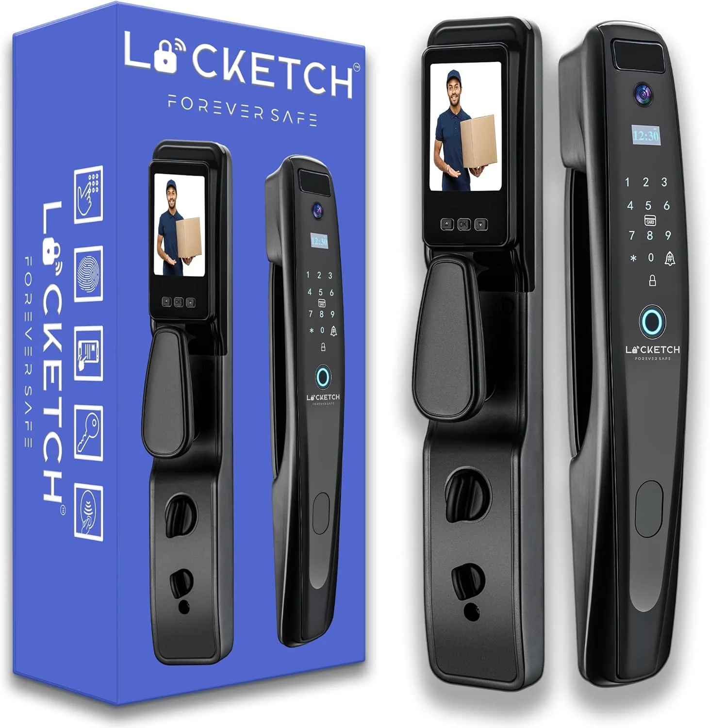قفل درب دوربین دار هوشمند Locketch Forever Safe برای خانه ها - قفل درب هوشمند 5 در 1 بدون کلید با دوربین دارای برنامه، NFC، دسترسی اثر انگشت - دوربین زنگ درب دید در شب با قفل - اتصال Wi-Fi