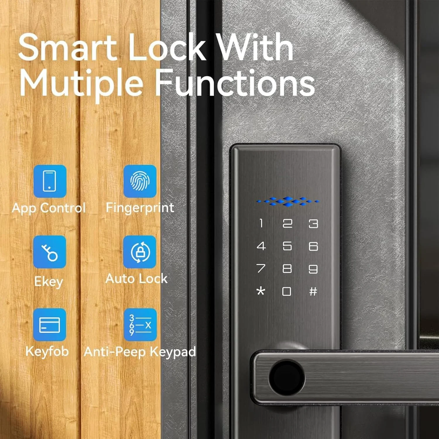 قفل هوشمند Lengenda، قفل درب هوشمند، قفل درب بدون کلید، قفل درب اثر انگشتی با صفحه کلید، قفل درب دیجیتال با دستگیره برای خانه، اجاره، دفتر و هتل، کنترل از راه دور TUYA (خاکستری)