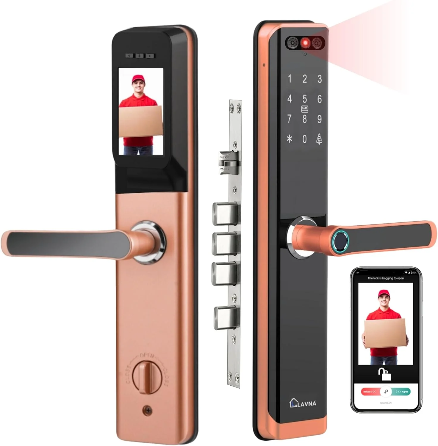 قفل درب هوشمند تشخیص چهره LAVNA | 8 روش باز کردن قفل | چهره، اثر انگشت، اپلیکیشن موبایل، WiFi + بلوتوث، کارت، OTP، پین و کلید | دوربین و صفحه نمایش داخلی | 5 زبانه | مناسب برای درب های چوبی (LA24، طلایی)