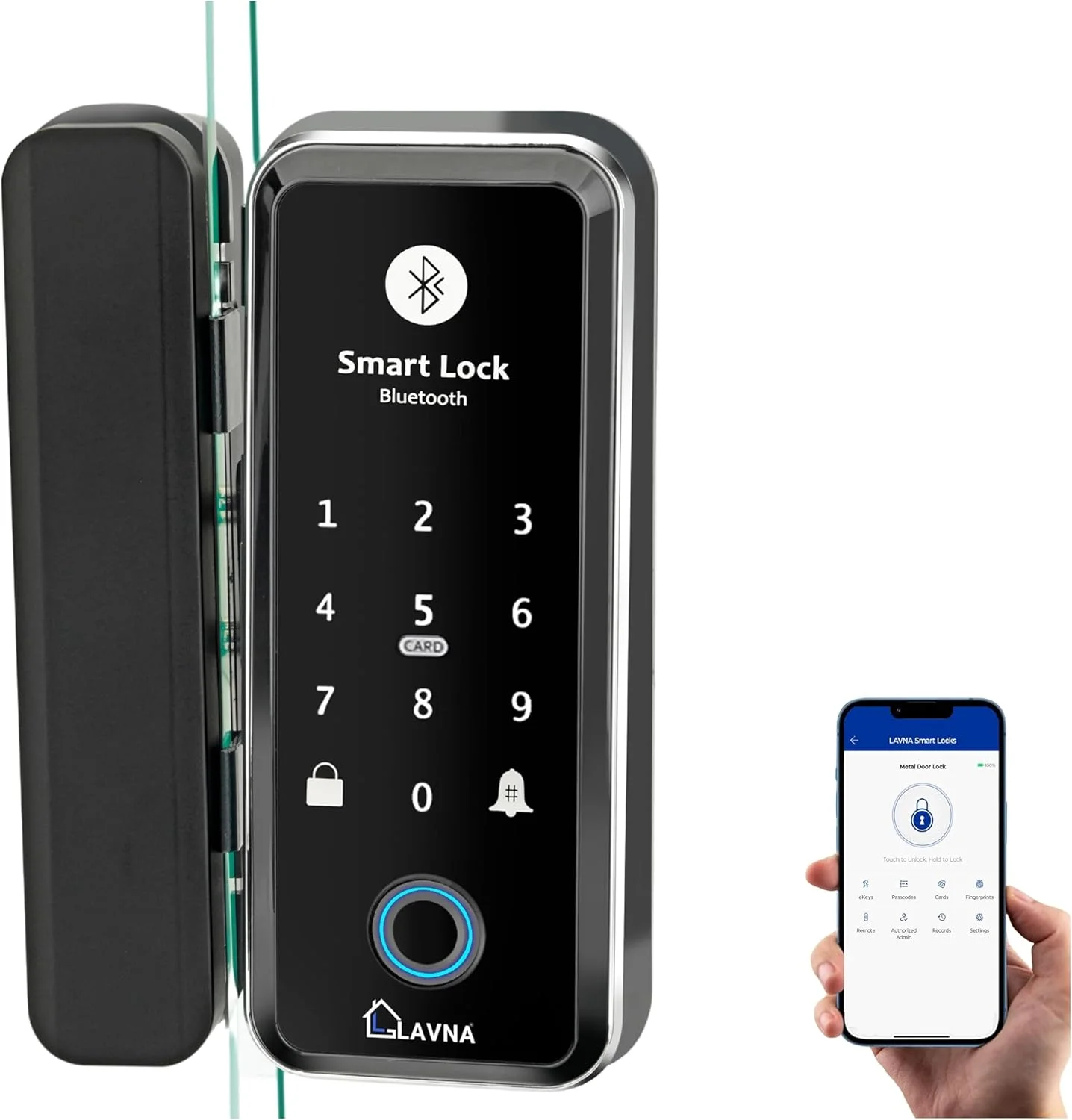 قفل درب شیشه ای هوشمند دیجیتال LAVNA | باز کردن قفل به 6 روش | اثر انگشت، اپلیکیشن موبایل، ریموت، کارت RFID، رمز یکبار مصرف، پین کد فقط برای درب های شیشه ای سکوریت 10-12 میلی متر | نصب رایگان (LA5 بلوتوث)
