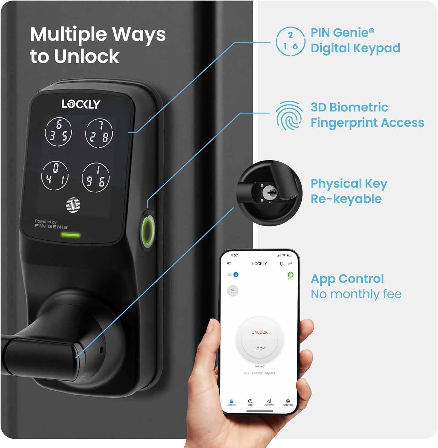 قفل هوشمند درب Lockly Secure Pro Wi-Fi، ورود بدون کلید با صفحه کلید دیجیتال PIN Genie®، قفل درب جلو با حسگر اثر انگشت بیومتریک سه بعدی به همراه دستگیره، کنترل صوتی و قفل خودکار - نسخه Latch