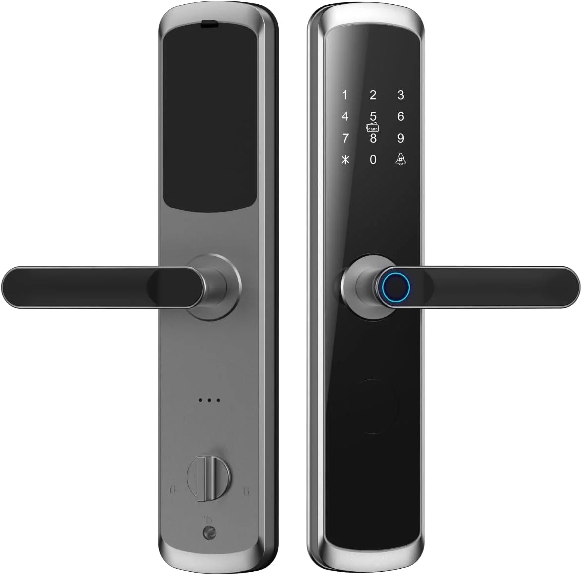 قفل درب هوشمند LeLoupFidele مدل G-7 با اثر انگشت، کارت IC، رمز عبور و کنترل از راه دور از طریق اپلیکیشن Tuya. مناسب برای آپارتمان، خانه و دفتر. پشتیبانی از 9 زبان از جمله عربی (مورتس نقره ای 6068)
