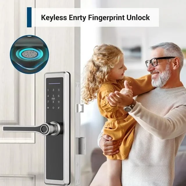 قفل هوشمند Lengenda، قفل درب دیجیتال اثر انگشتی استیل ضد زنگ، باز کردن قفل با اثر انگشت، کد، کارت، کلید و برنامه TTlock (درب های چپ یا راست 4585 مورتایز) (نقره ای)