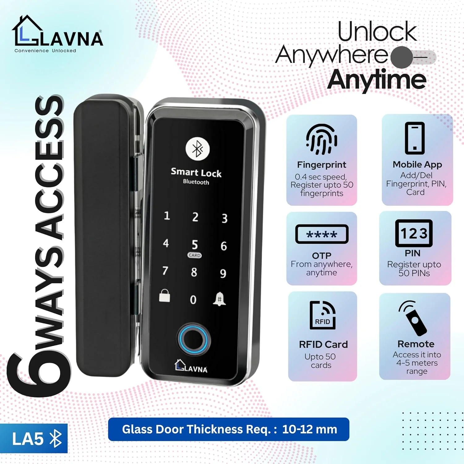 قفل درب شیشه ای هوشمند دیجیتال LAVNA | باز کردن قفل به 6 روش | اثر انگشت، اپلیکیشن موبایل، ریموت، کارت RFID، رمز یکبار مصرف، پین کد فقط برای درب های شیشه ای سکوریت 10-12 میلی متر | نصب رایگان (LA5 بلوتوث)
