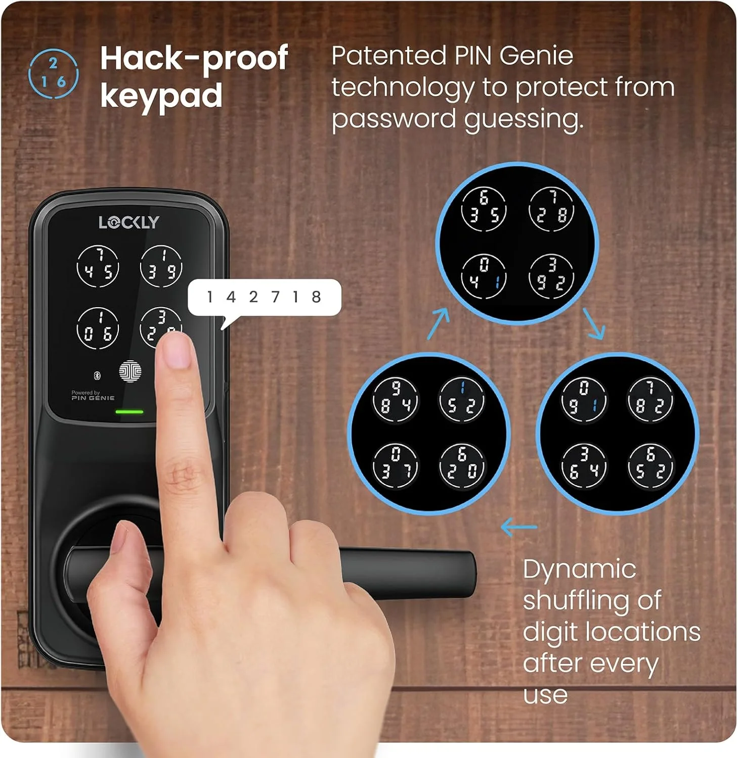 قفل هوشمند درب Lockly Secure Pro Wi-Fi، ورود بدون کلید با صفحه کلید دیجیتال PIN Genie®، قفل درب جلو با حسگر اثر انگشت بیومتریک سه بعدی به همراه دستگیره، کنترل صوتی و قفل خودکار - نسخه Latch