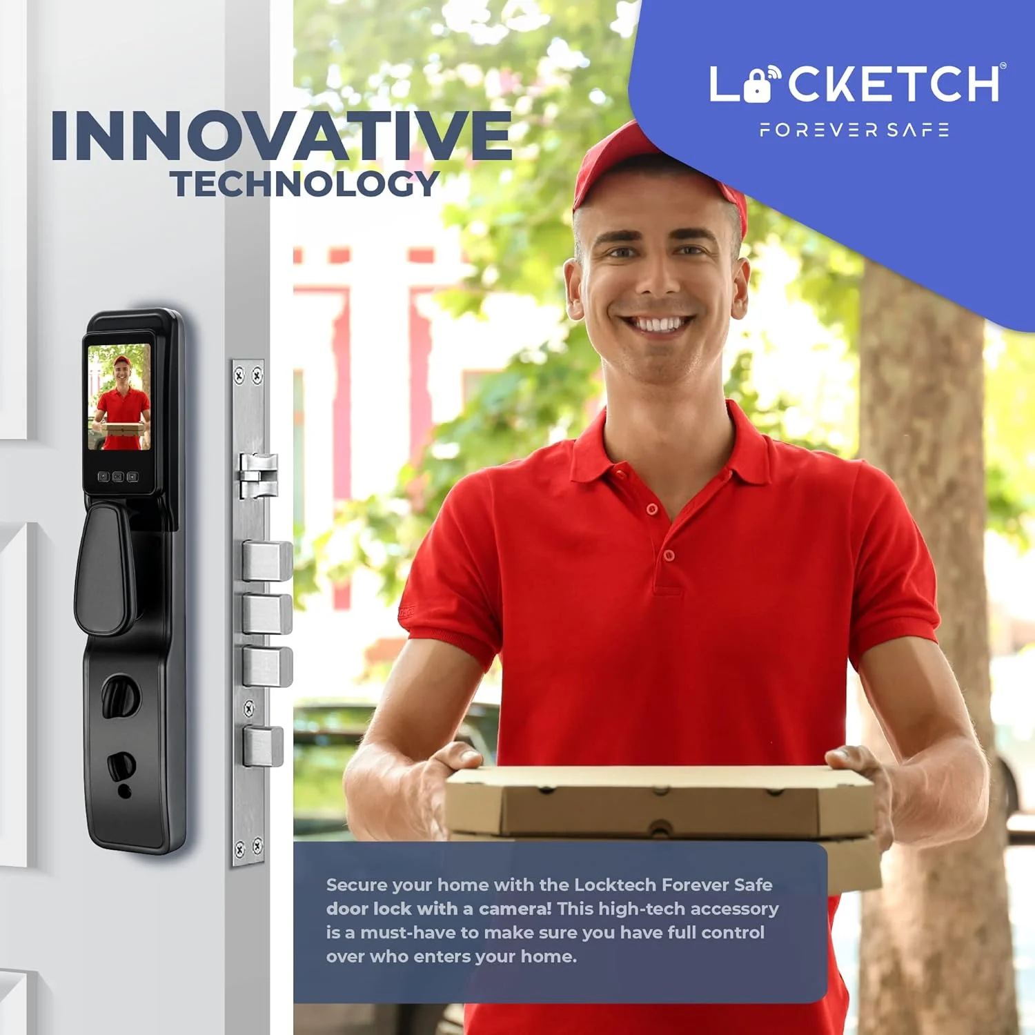 قفل درب دوربین دار هوشمند Locketch Forever Safe برای خانه ها - قفل درب هوشمند 5 در 1 بدون کلید با دوربین دارای برنامه، NFC، دسترسی اثر انگشت - دوربین زنگ درب دید در شب با قفل - اتصال Wi-Fi