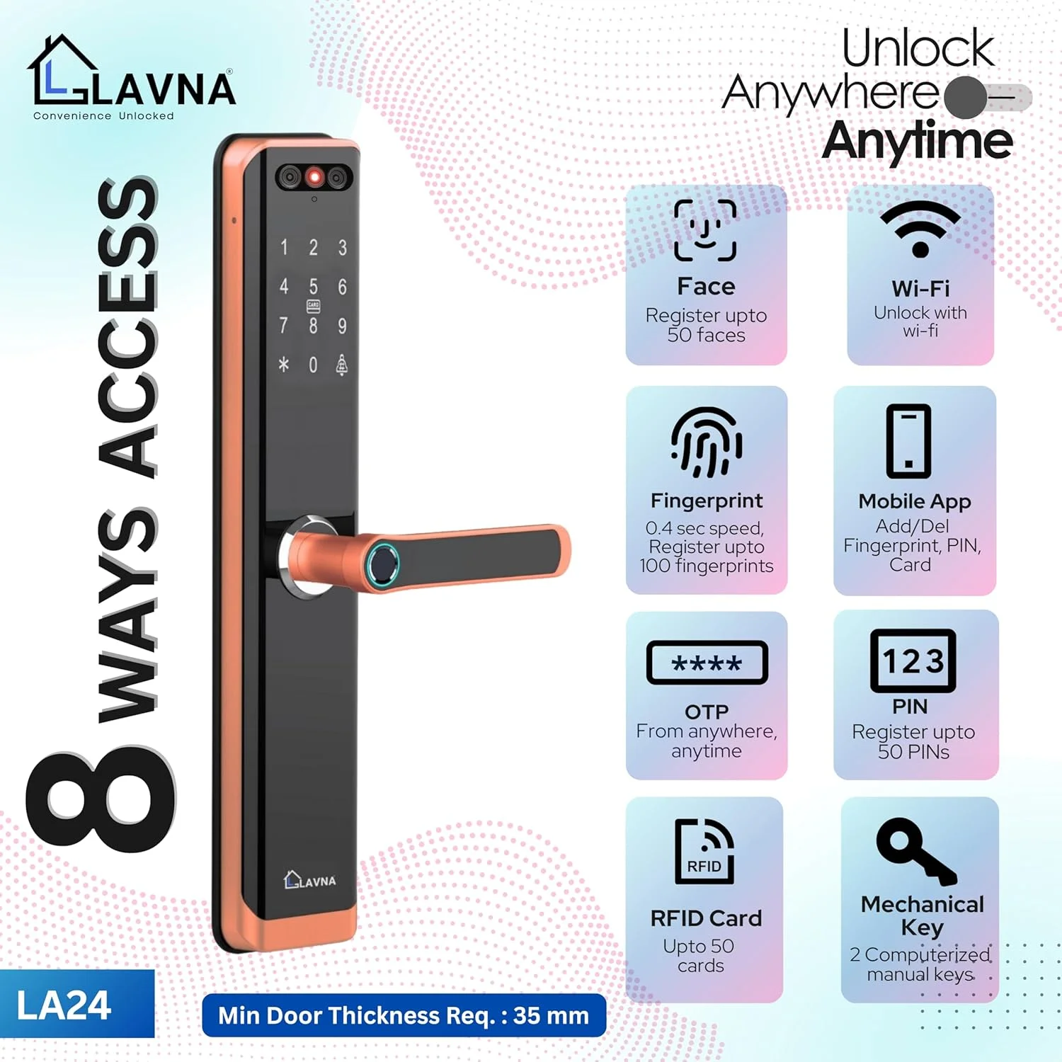 قفل درب هوشمند تشخیص چهره LAVNA | 8 روش باز کردن قفل | چهره، اثر انگشت، اپلیکیشن موبایل، WiFi + بلوتوث، کارت، OTP، پین و کلید | دوربین و صفحه نمایش داخلی | 5 زبانه | مناسب برای درب های چوبی (LA24، طلایی)