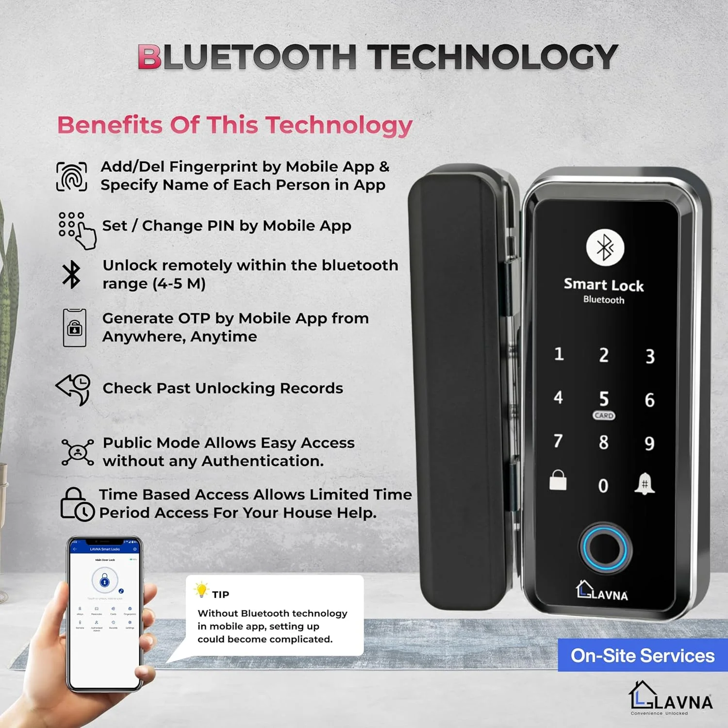 قفل درب شیشه ای هوشمند دیجیتال LAVNA | باز کردن قفل به 6 روش | اثر انگشت، اپلیکیشن موبایل، ریموت، کارت RFID، رمز یکبار مصرف، پین کد فقط برای درب های شیشه ای سکوریت 10-12 میلی متر | نصب رایگان (LA5 بلوتوث)