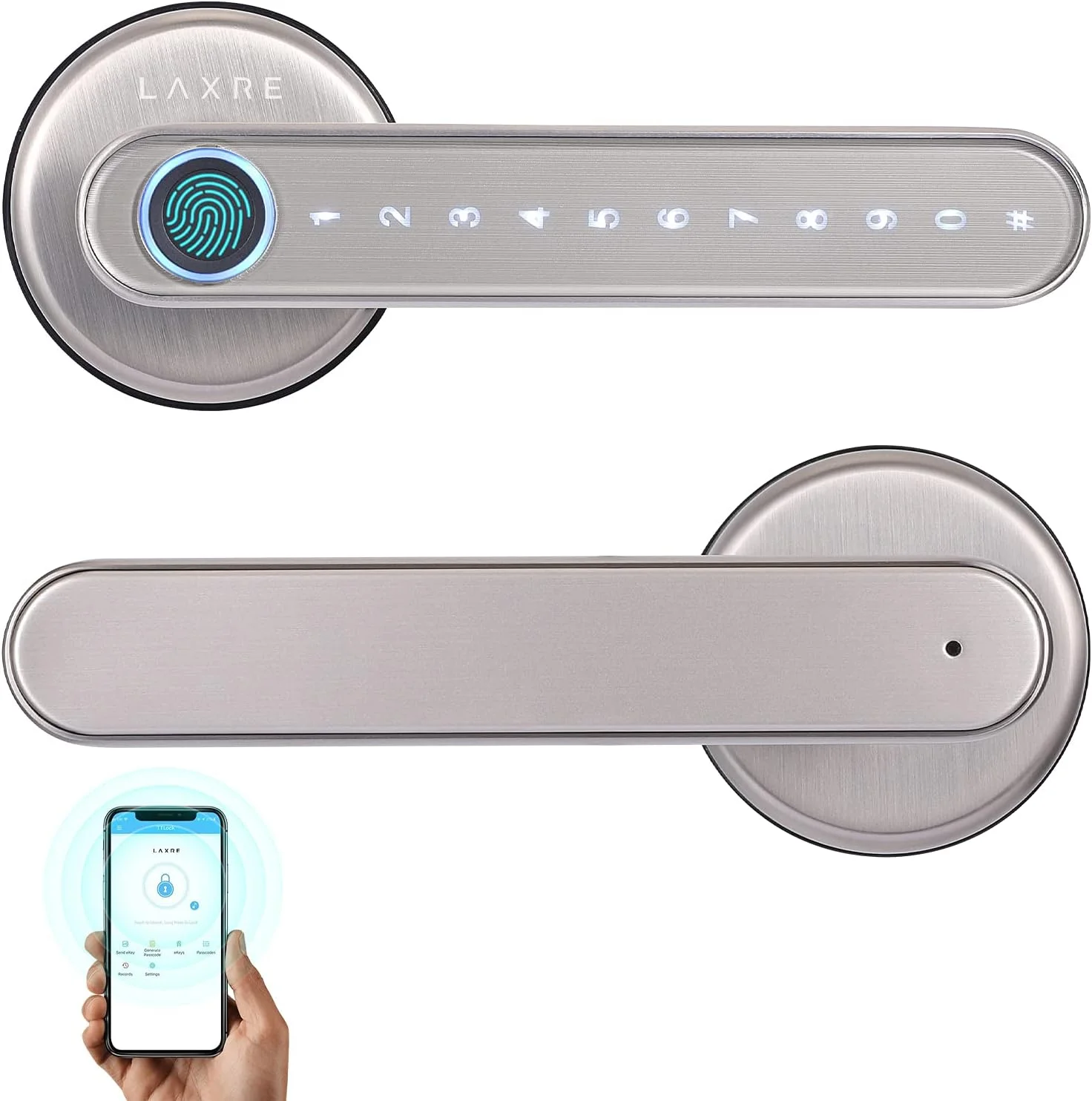 قفل درب هوشمند اثر انگشتی Laxre، قفل درب اتاق بیومتریک، قفل زبانه هوشمند بلوتوثی، قفل اهرمی دیجیتال برنامه، قفل درب ورودی بدون کلید با صفحه کلید، مناسب برای خانه، هتل، دفتر و درب داخلی