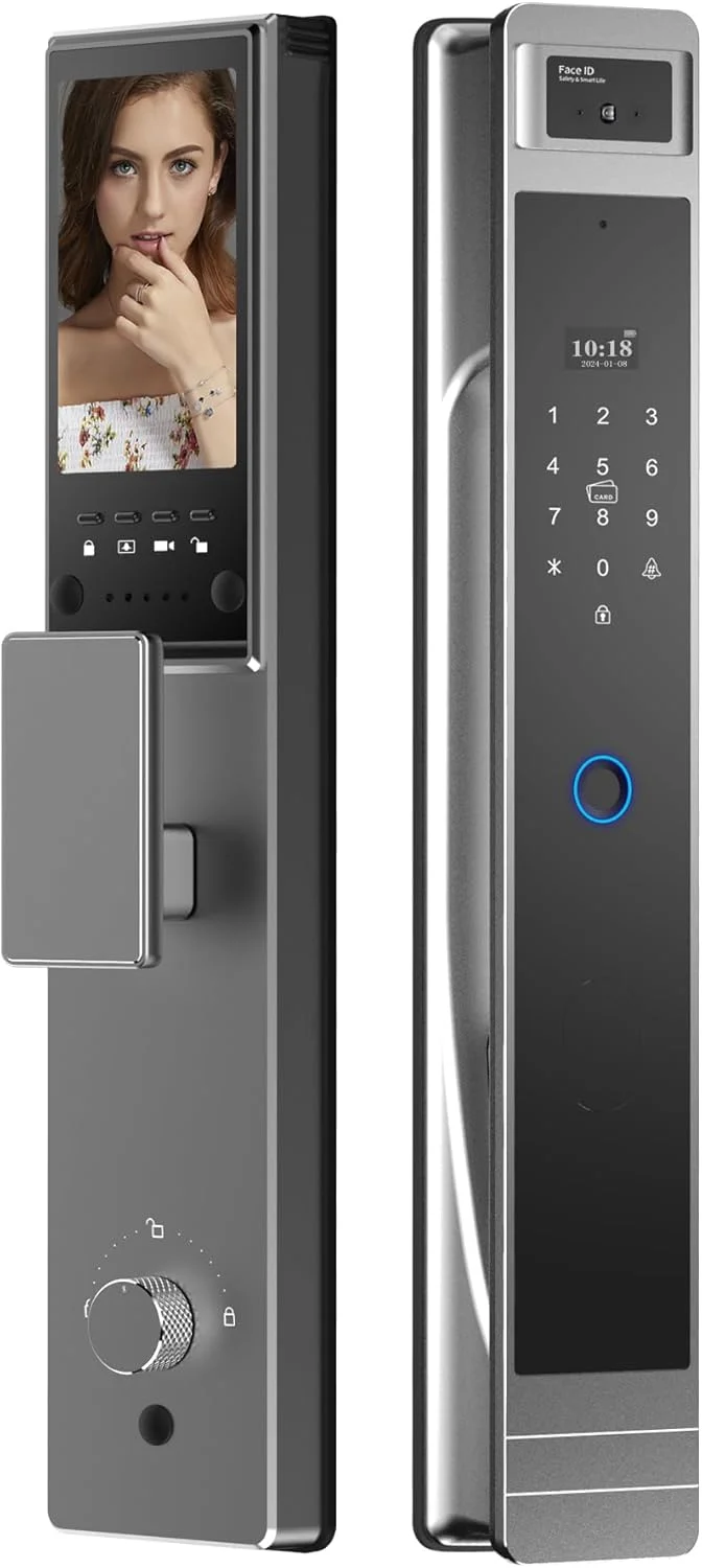 قفل درب هوشمند LeLoupFidele با دوربین، تشخیص چهره سه بعدی. کنترل از راه دور با برنامه Tuya. فرآیند CNC، اینترکام تصویری، زنگ درب الکترونیکی. قفل/باز کردن خودکار، هشدارهای امنیتی متعدد. (نقره ای، مورتایز 6068)