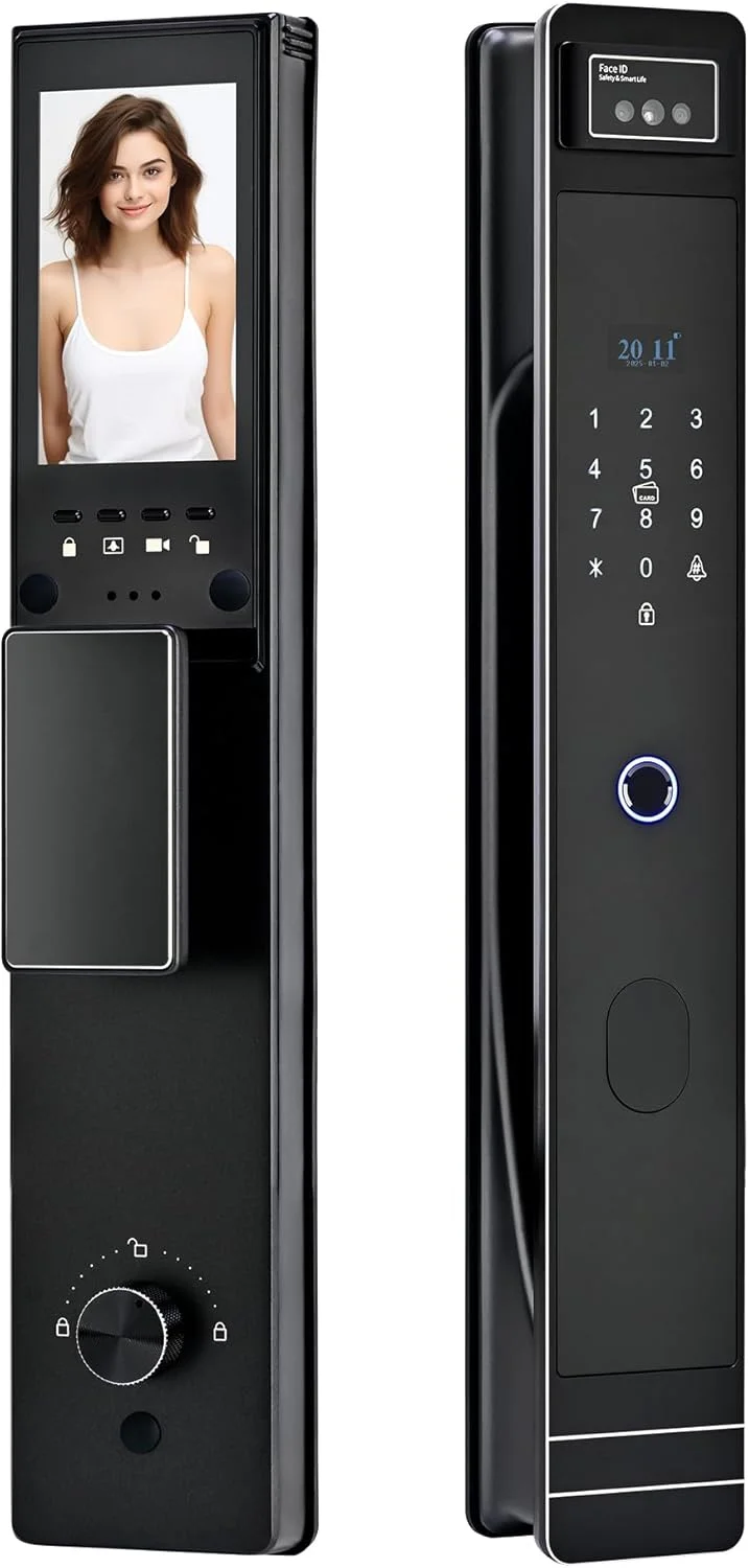 قفل درب هوشمند LeLoupFidele با دوربین، تشخیص چهره سه بعدی. کنترل از راه دور با اپلیکیشن Tuya. فرآیند CNC، اینترکام تصویری، زنگ درب الکترونیکی. قفل/باز کردن خودکار، هشدارهای امنیتی متعدد. (مشکی-خاکستری، زبانه 6068)