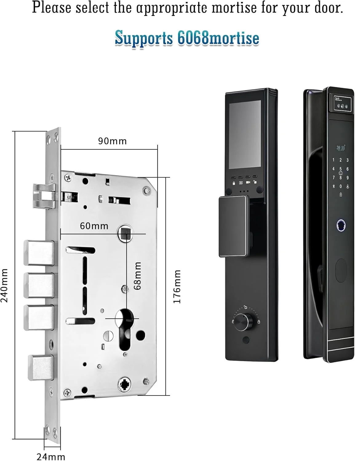 قفل درب هوشمند LeLoupFidele با دوربین، تشخیص چهره سه بعدی. کنترل از راه دور با اپلیکیشن Tuya. فرآیند CNC، اینترکام تصویری، زنگ درب الکترونیکی. قفل/باز کردن خودکار، هشدارهای امنیتی متعدد. (مشکی-خاکستری، زبانه 6068)