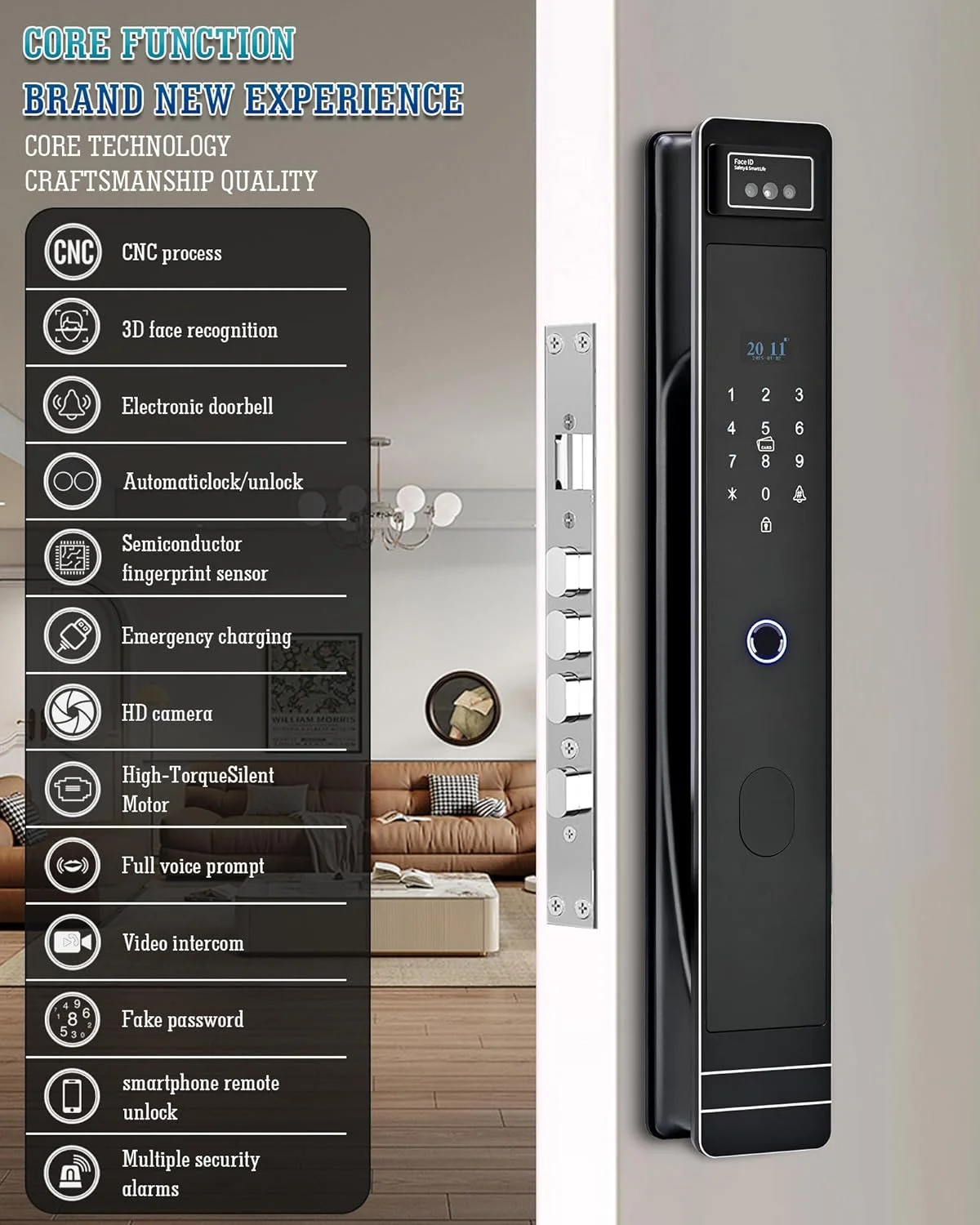 قفل درب هوشمند LeLoupFidele با دوربین، تشخیص چهره سه بعدی. کنترل از راه دور با اپلیکیشن Tuya. فرآیند CNC، اینترکام تصویری، زنگ درب الکترونیکی. قفل/باز کردن خودکار، هشدارهای امنیتی متعدد. (مشکی-خاکستری، زبانه 6068)