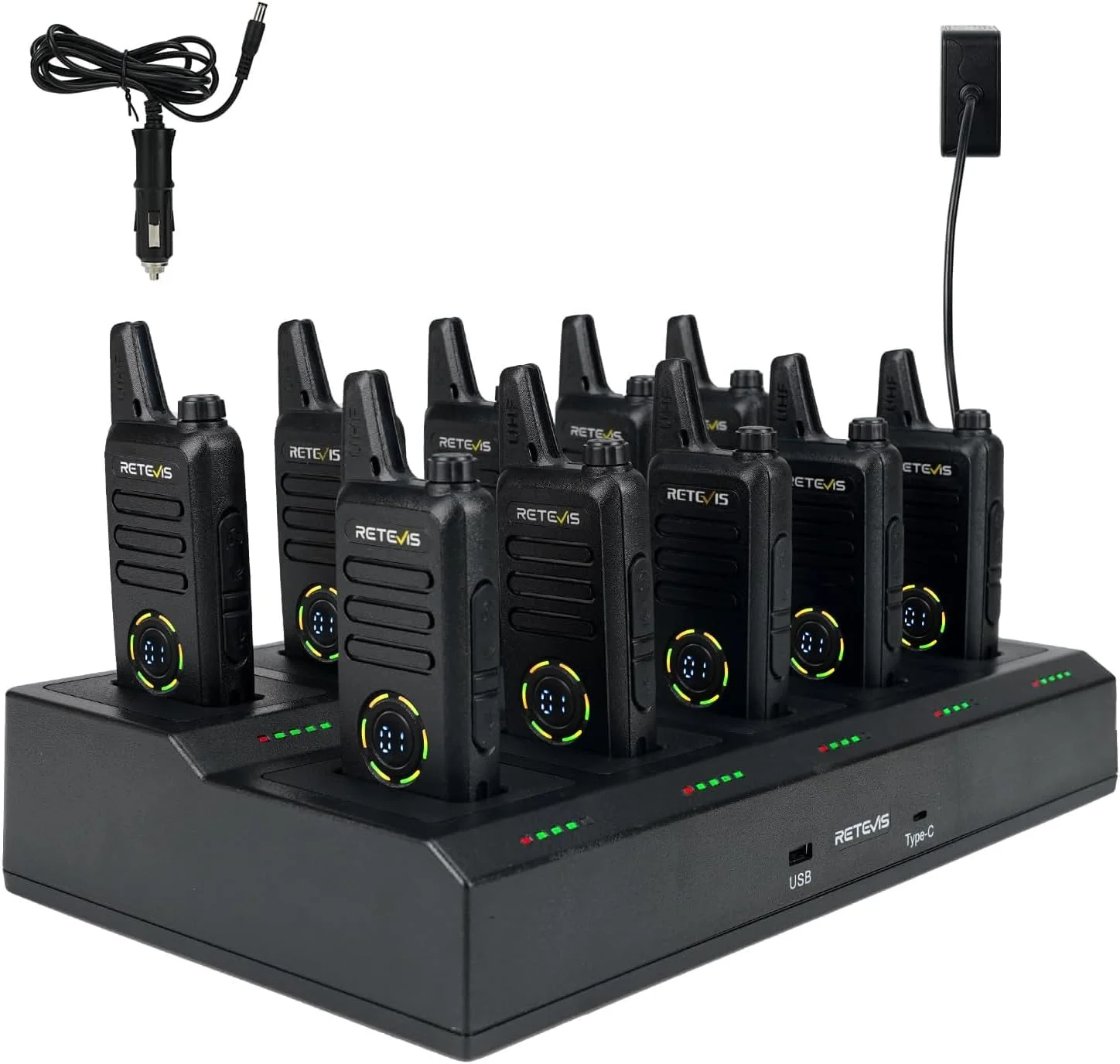 بیسیم واکی تاکی رادیویی Retevis RT22S برای بزرگسالان، رادیوهای دو طرفه FRS قابل حمل (بسته 10 عددی) با شارژر چندگانه 10 طرفه، رادیو 2 طرفه قابل شارژ دستی، پیشرفت شارژ قابل مشاهده برای انبار تجاری مدرسه