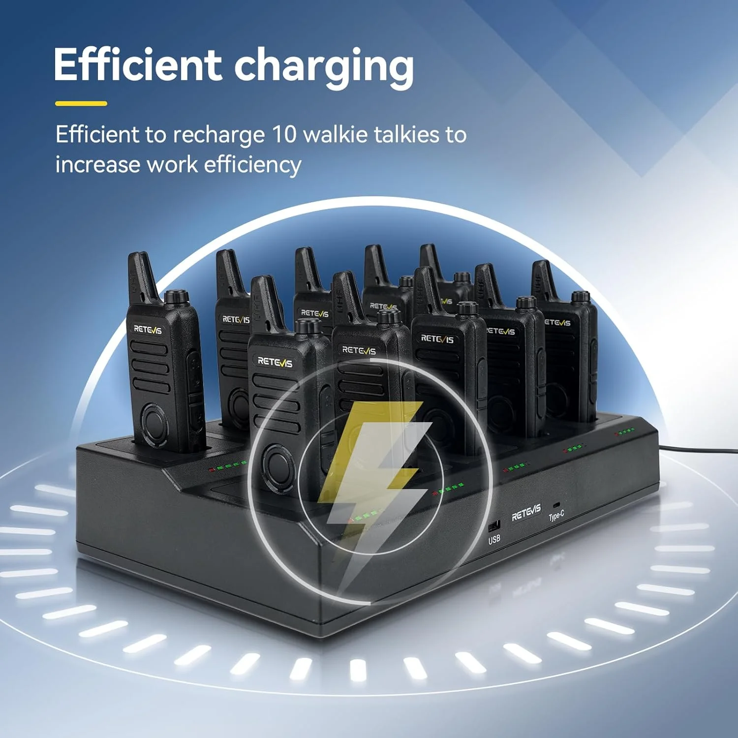 بیسیم واکی تاکی رادیویی Retevis RT22S برای بزرگسالان، رادیوهای دو طرفه FRS قابل حمل (بسته 10 عددی) با شارژر چندگانه 10 طرفه، رادیو 2 طرفه قابل شارژ دستی، پیشرفت شارژ قابل مشاهده برای انبار تجاری مدرسه