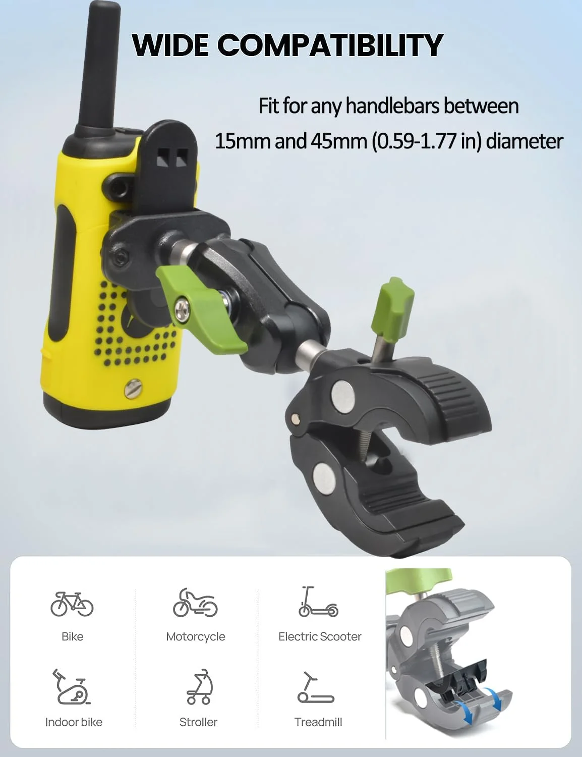 پایه نگهدارنده رادیو HYS برای دوچرخه/موتورسیکلت/خودرو/کامیون، هولدر قابل تنظیم واکی تاکی سازگار با موتورولا Tlkr Baofeng UV5R کنوود میدلند رادیو 2 طرفه