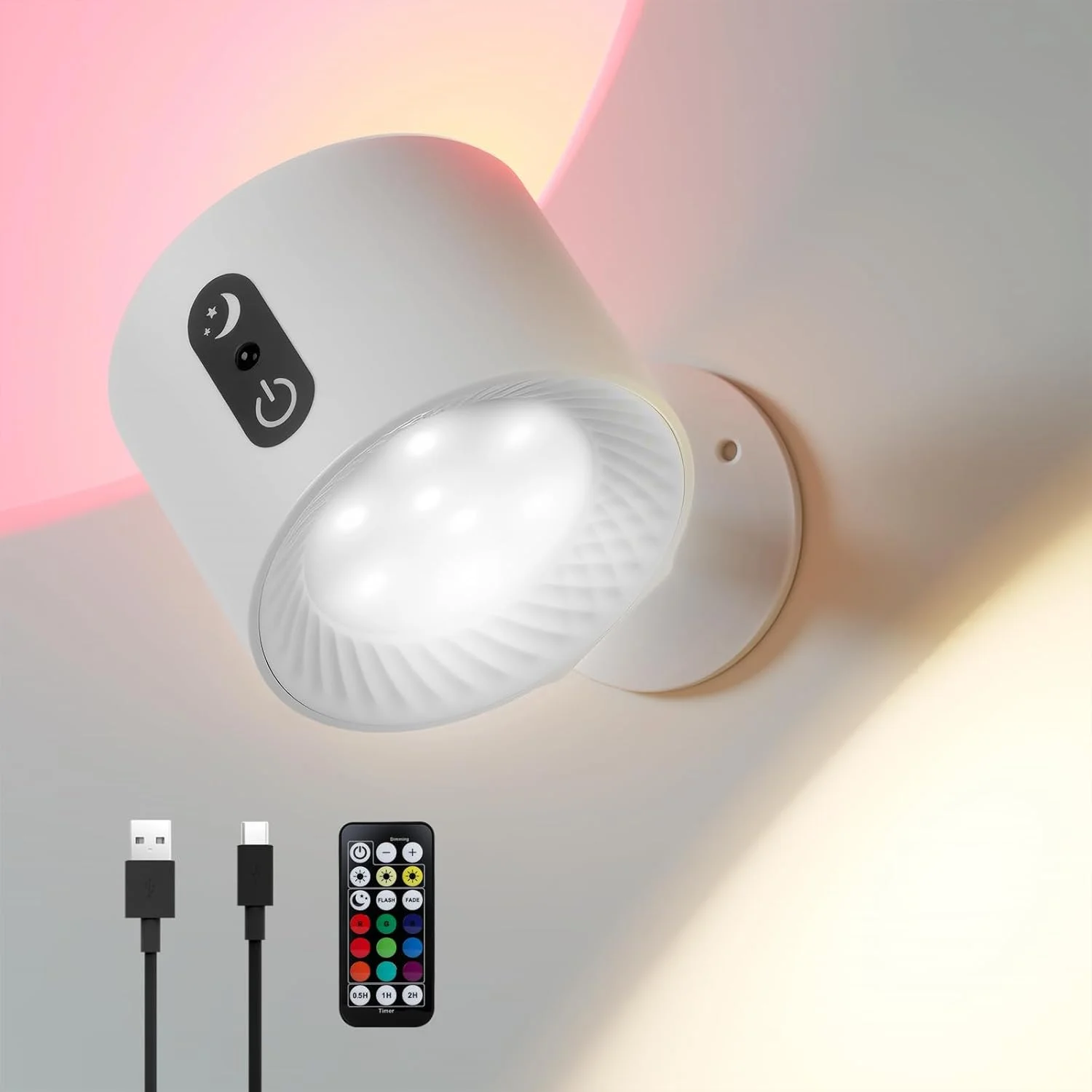 چراغ دیواری بی سیم Baytion، چراغ دیواری قابل شارژ با 3 رنگ و نورپردازی دیواری RGB قابل تنظیم، چراغ مطالعه بی سیم با چراغ دیواری چرخشی 360 درجه برای کنار تخت، راه پله، گالری (سفید)
