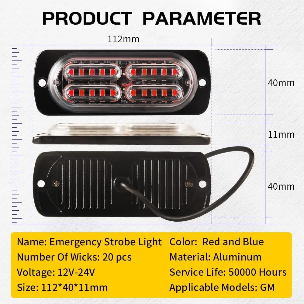 چراغ چشمک زن اضطراری 4x20 LED ییفنگشون 4 در 1 قرمز و آبی با 18 حالت بارق، کنترل از راه دور بی سیم، چراغ جلو پنجره 80 LED برای اتومبیل، کامیون، ون، تراکتور 12-24 ولت