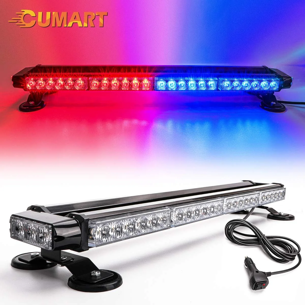 چراغ خطر ال ای دی 54 تایی دو رنگ قرمز و آبی CUMART به طول 26.5 اینچ مناسب ماشین های پلیس، آتش نشانی، آمبولانس، ماشین های امدادی و خودروهای شخصی، دارای حالت های فلاشر و هشدار، دارای پایه مغناطیسی