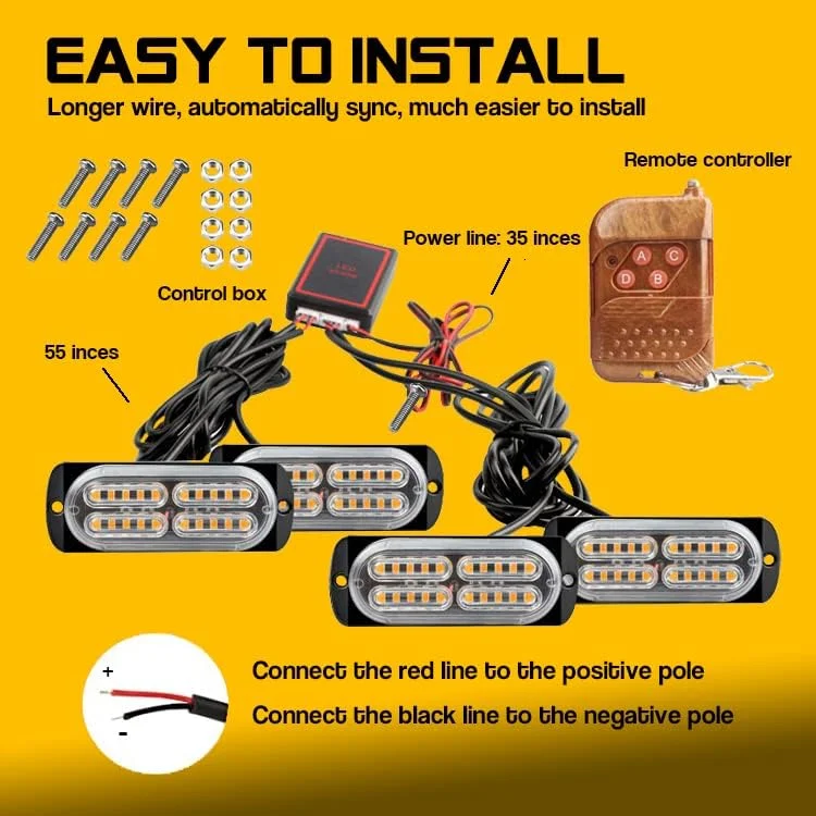 چراغ چشمک زن اضطراری 4x20 LED ییفنگشون 4 در 1 قرمز و آبی با 18 حالت بارق، کنترل از راه دور بی سیم، چراغ جلو پنجره 80 LED برای اتومبیل، کامیون، ون، تراکتور 12-24 ولت