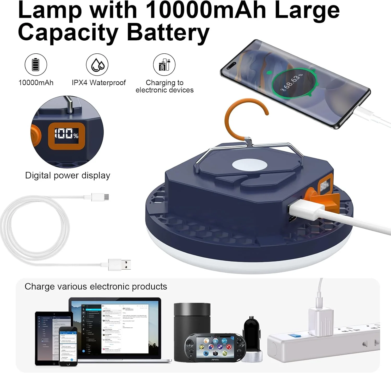 چراغ قوه قابل حمل LED کمپینگ IODOO با ظرفیت 10000mAh و روشنایی 4000LM، چراغ قابل شارژ 30W با آهنربا، چراغ چادر ضد آب IPX5 برای مواقع اضطراری قطع برق