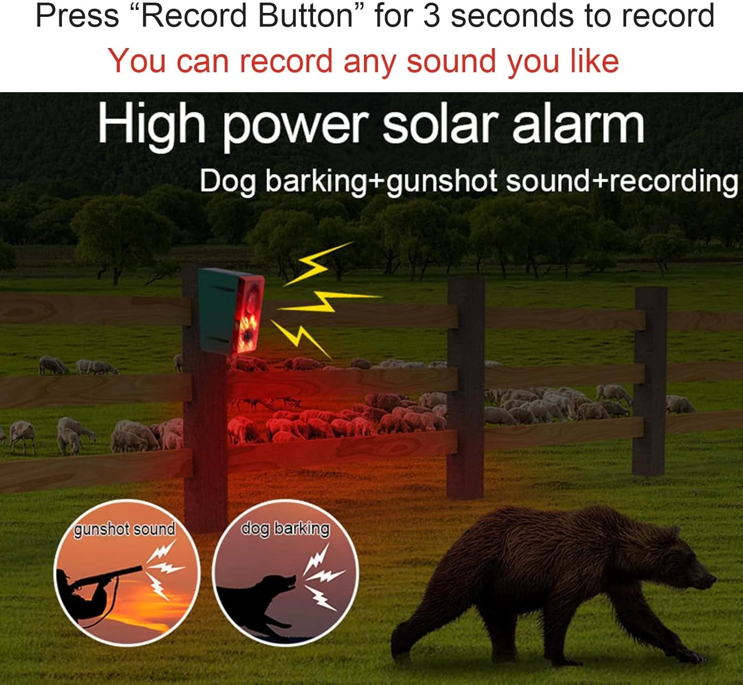 آلارم چراغ چشمک زن و صوتی خورشیدی LAFEINA با سنسور حرکتی، صدای شلیک گلوله و پارس سگ و قابلیت ضبط صدا، سیستم هشدار امنیتی سفارشی با قابلیت ضبط 20 ثانیه پیام برای ویلا و مزرعه (2 عدد)