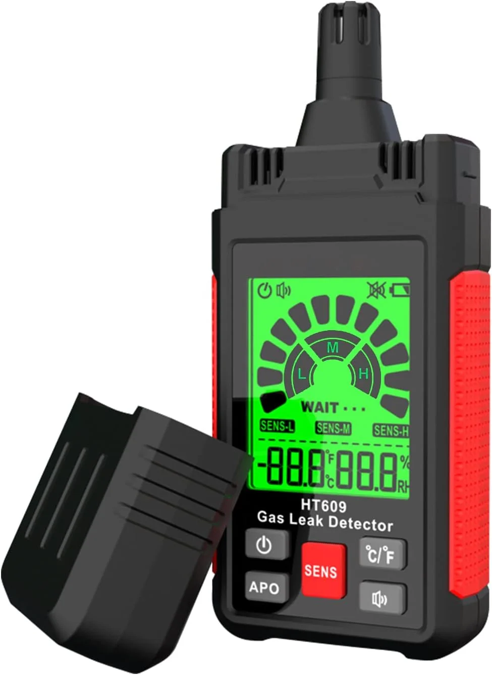 آشکارساز نشت گاز، آشکارساز گاز طبیعی با 3 سطح حساسیت قابل تنظیم، اندازه گیری دما و رطوبت، آلارم صوتی و بصری برای تعیین محل منابع گازهای قابل احتراق مانند متان، پروپان برای منزل مدل HT609 آشکارساز نشت گاز، آشکارساز گاز طبیعی با 3 سطح حساسیت قابل تنظیم، اندازه گیری دما و رطوبت، آلارم صوتی و بصری برای تعیین محل منابع گازهای قابل احتراق مانند متان، پروپان برای منزل مدل HT609