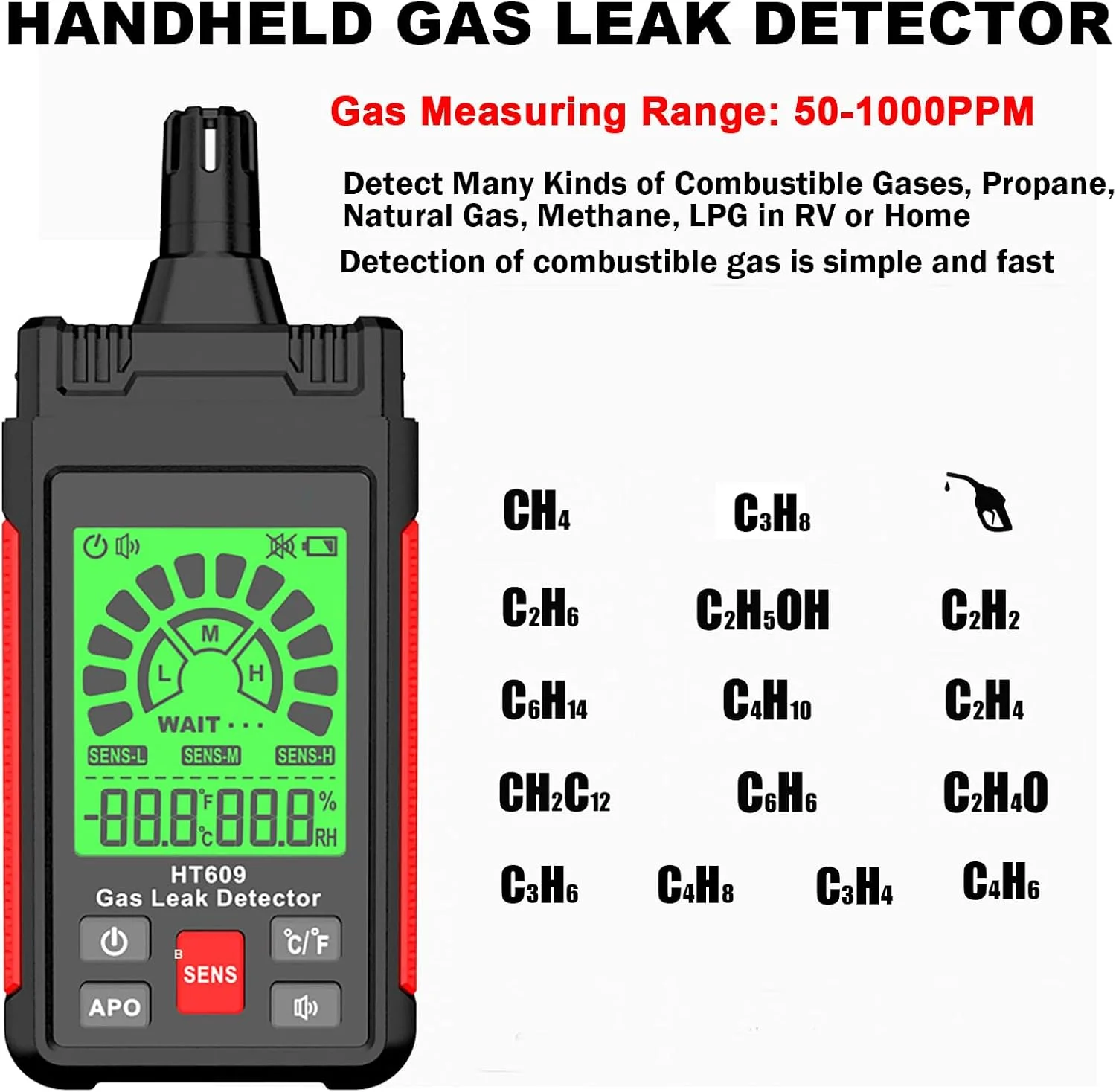 آشکارساز نشت گاز، آشکارساز گاز طبیعی با 3 سطح حساسیت قابل تنظیم، اندازه گیری دما و رطوبت، آلارم صوتی و بصری برای تعیین محل منابع گازهای قابل احتراق مانند متان، پروپان برای منزل مدل HT609 آشکارساز نشت گاز، آشکارساز گاز طبیعی با 3 سطح حساسیت قابل تنظیم، اندازه گیری دما و رطوبت، آلارم صوتی و بصری برای تعیین محل منابع گازهای قابل احتراق مانند متان، پروپان برای منزل مدل HT609