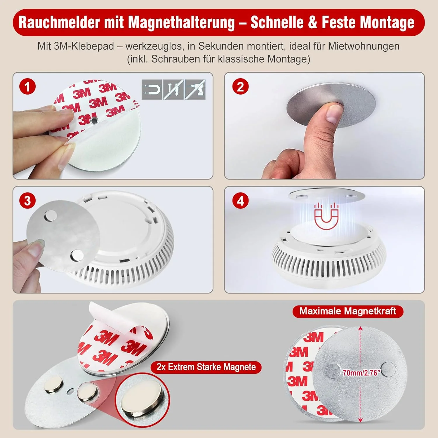 دتکتور دود DAYTECH با باتری 10 ساله - مجموعه 6 دتکتور دود با نگهدارنده مغناطیسی، دارای گواهینامه TÜV Rheinland، آلارم آتش با 85 دسی بل و سوئیچ تست/بی صدا - آلارم آتش برای اتاق خواب، اتاق کودکان