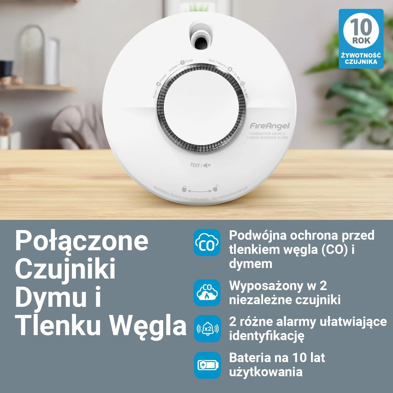 آشکارساز دود و مونوکسید کربن Fire Angel برای خانه شما - SCB10-INT، طول عمر 10 سال، آشکارساز دوگانه CO و آشکارساز دود با دکمه تست و بی صدا - آلارم ترکیبی CO و آتش سوزی - سفید