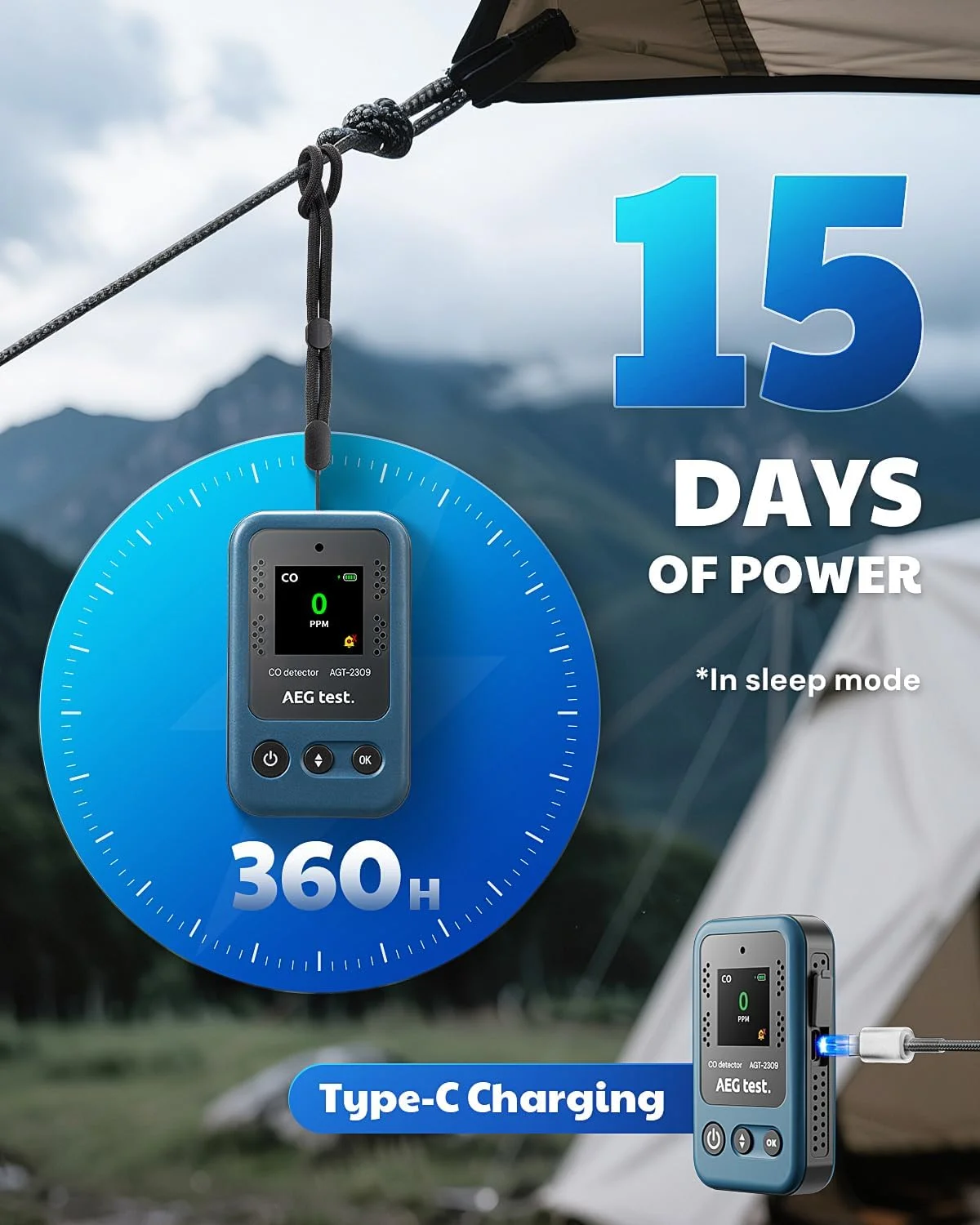 دتکتور مونوکسید کربن قابل حمل AEGTEST AGT-2309، 15 روز استقلال، مینی متر CO قابل شارژ با بند برای مسافرت و کمپینگ، هشدارهای صوتی و تصویری، 0-1000ppm - آبی