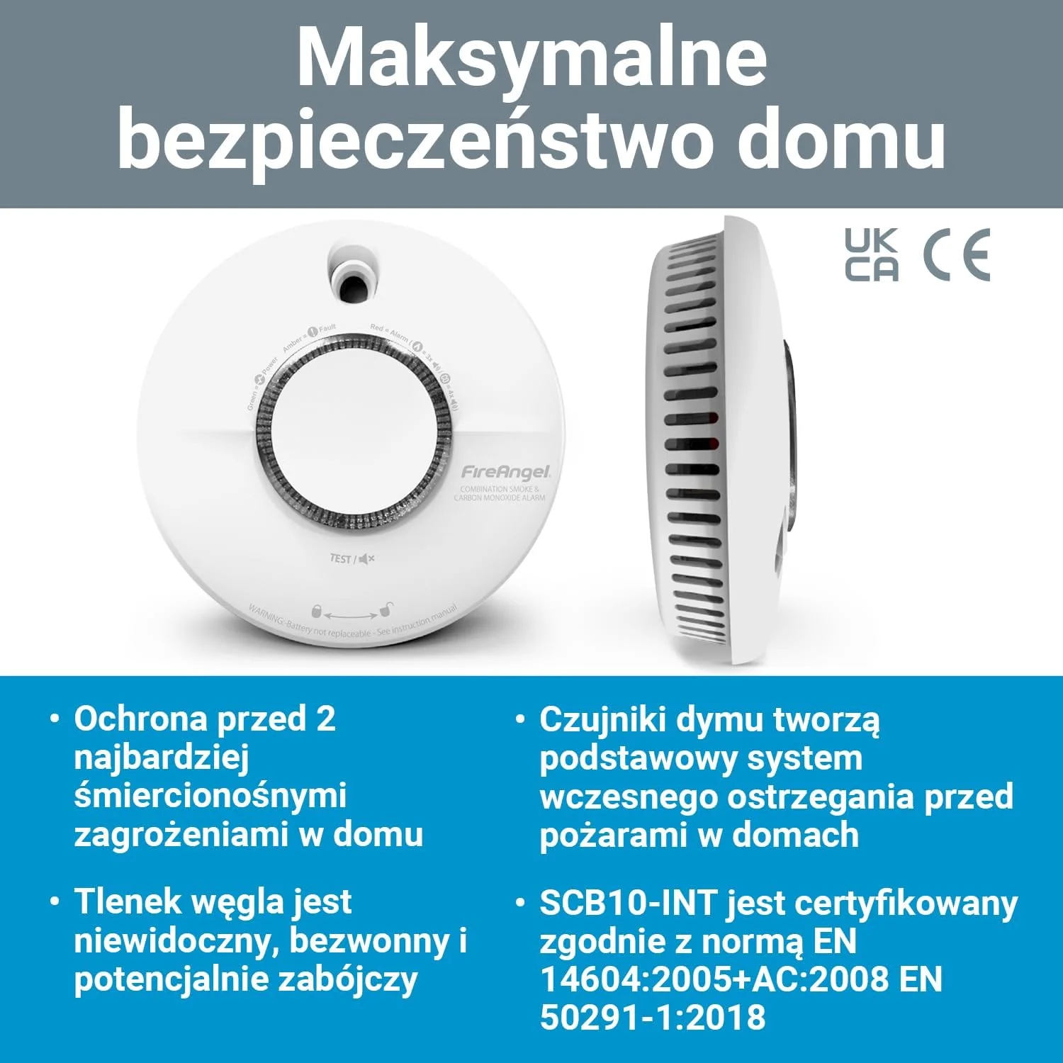 آشکارساز دود و مونوکسید کربن Fire Angel برای خانه شما - SCB10-INT، طول عمر 10 سال، آشکارساز دوگانه CO و آشکارساز دود با دکمه تست و بی صدا - آلارم ترکیبی CO و آتش سوزی - سفید