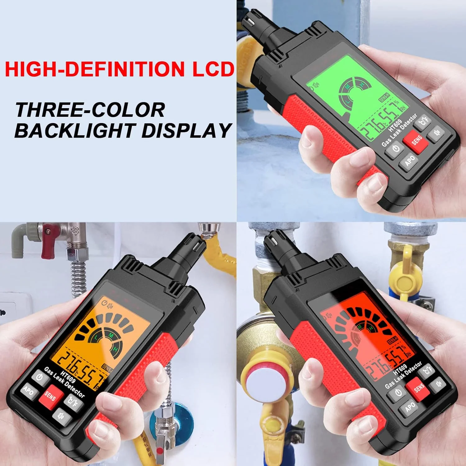 آشکارساز نشت گاز، آشکارساز گاز طبیعی با 3 سطح حساسیت قابل تنظیم، اندازه گیری دما و رطوبت، آلارم صوتی و بصری برای تعیین محل منابع گازهای قابل احتراق مانند متان، پروپان برای منزل مدل HT609 آشکارساز نشت گاز، آشکارساز گاز طبیعی با 3 سطح حساسیت قابل تنظیم، اندازه گیری دما و رطوبت، آلارم صوتی و بصری برای تعیین محل منابع گازهای قابل احتراق مانند متان، پروپان برای منزل مدل HT609