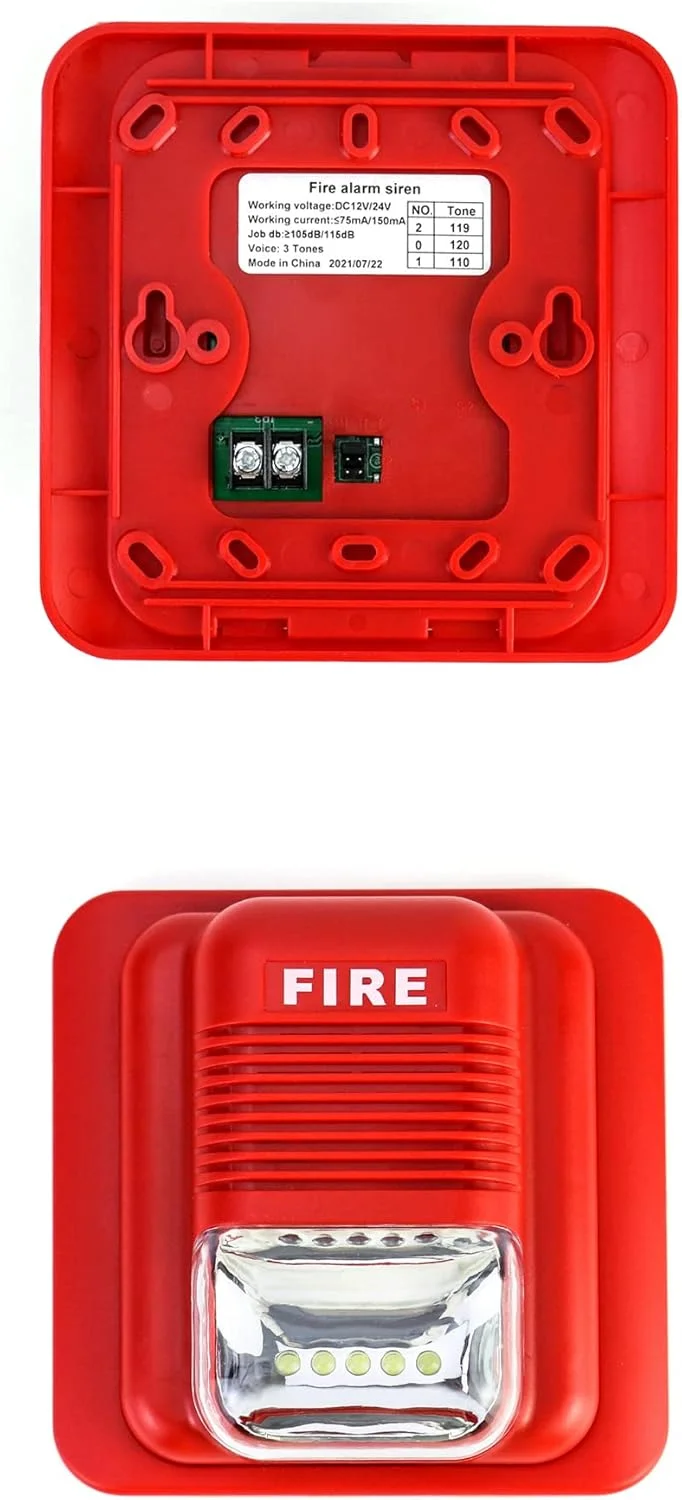 آژیر اعلام حریق QWORK، بسته 2 عددی 12/24 ولت DC، آژیر هشدار صوتی و نوری سیمی، سنسور سیستم امنیتی، WD8912
