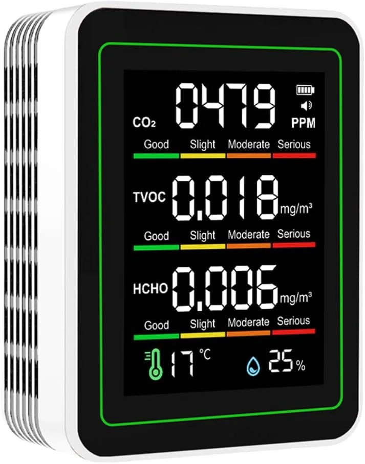 دستگاه مانیتور CO2، 5 در 1 مانیتور کیفیت هوای داخل ساختمان CO2 TVOC HCHO تستر دما و رطوبت، آشکارسازهای کیفیت هوا صفحه نمایش LCD برای خانه، دفتر، هتل، خودرو