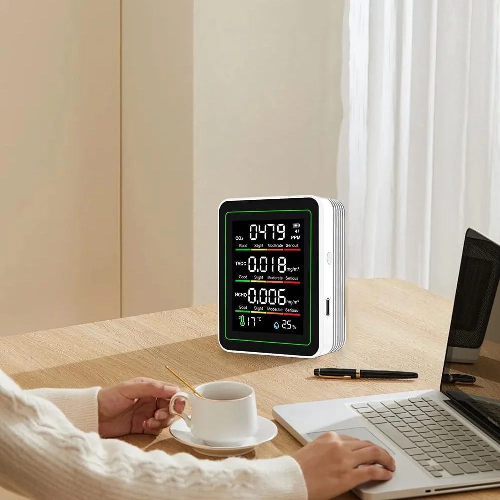 دستگاه مانیتور CO2، 5 در 1 مانیتور کیفیت هوای داخل ساختمان CO2 TVOC HCHO تستر دما و رطوبت، آشکارسازهای کیفیت هوا صفحه نمایش LCD برای خانه، دفتر، هتل، خودرو