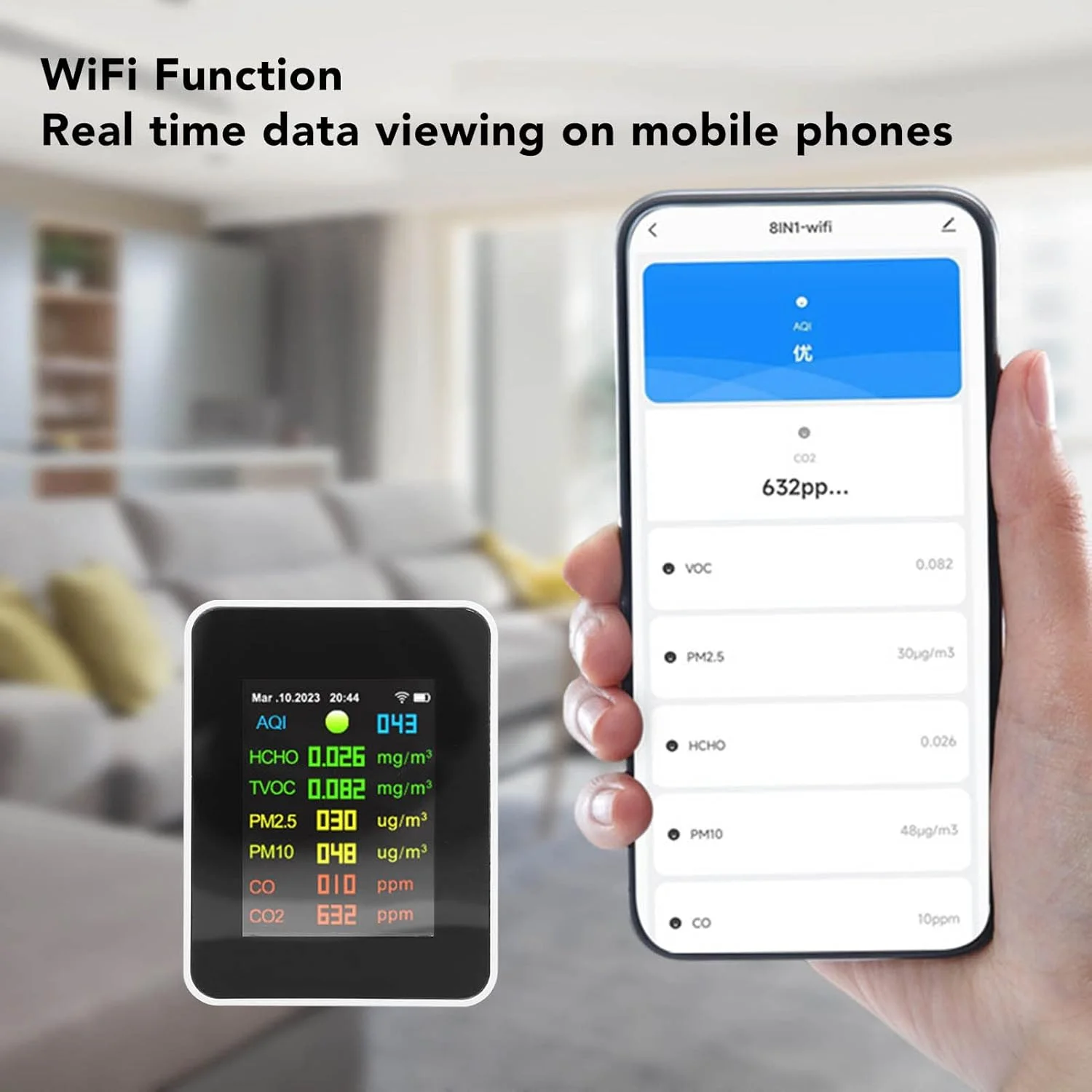 دستگاه سنجش کیفیت هوای داخلی 9 در 1، تستر وای فای 2000mAh با صفحه نمایش LCD رنگی، برای PM2.5، PM10، HCHO، آلاینده های آلی، CO، CO2 دستگاه سنجش کیفیت هوای داخلی 9 در 1، تستر وای فای 2000mAh با صفحه نمایش LCD رنگی، برای PM2.5، PM10، HCHO، آلاینده های آلی، CO، CO2