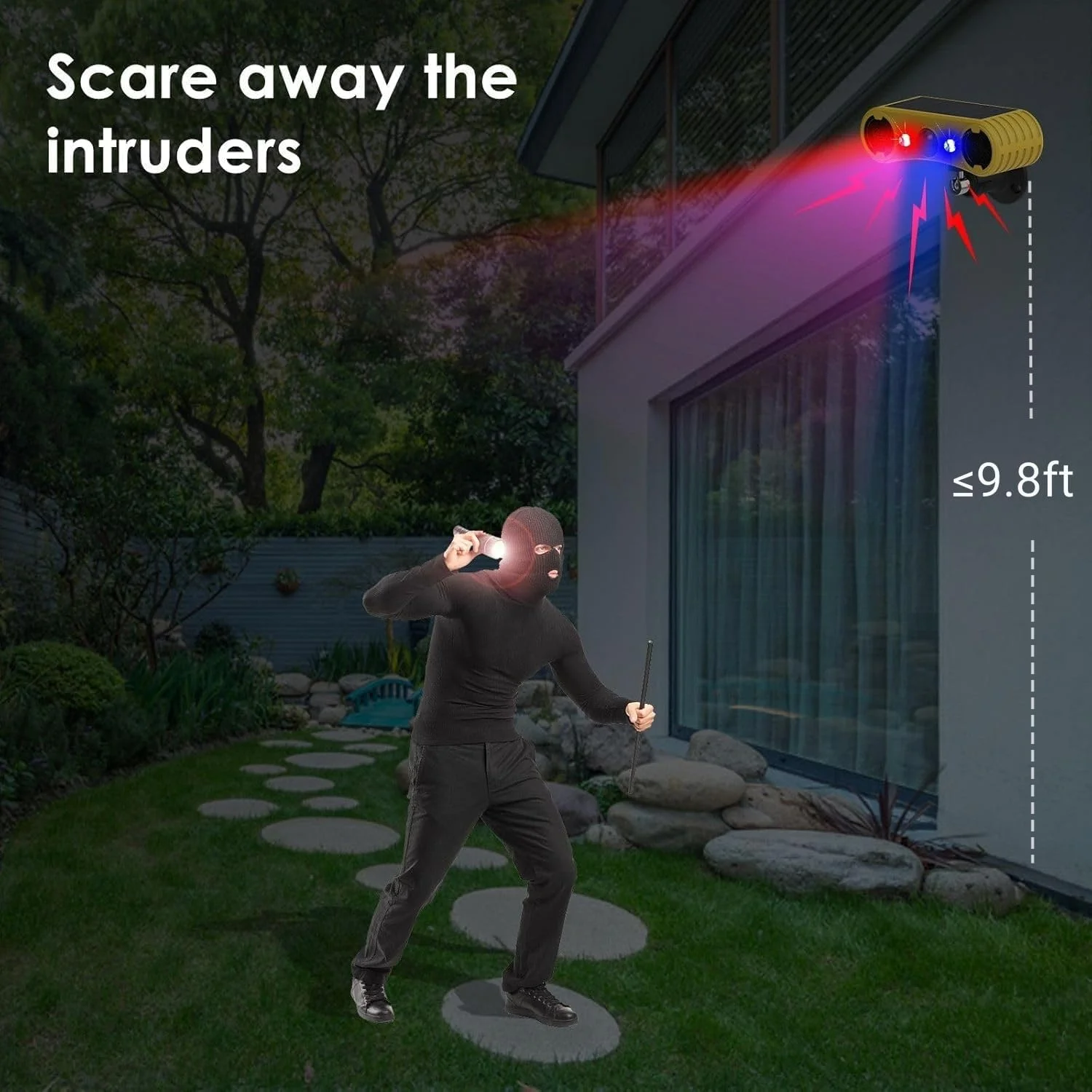 آلارم حسگر حرکتی خورشیدی HULPPRE برای فضای باز - 13 صدا شامل صدای پارس سگ و شلیک گلوله، تولید کننده صدای بلند 2*130db، 4 حالت، نور بارق فعال با حرکت قرمز و آبی، با مزاحمان خداحافظی کنید