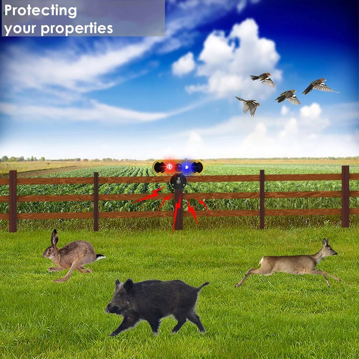 آلارم حسگر حرکتی خورشیدی HULPPRE برای فضای باز - 13 صدا شامل صدای پارس سگ و شلیک گلوله، تولید کننده صدای بلند 2*130db، 4 حالت، نور بارق فعال با حرکت قرمز و آبی، با مزاحمان خداحافظی کنید