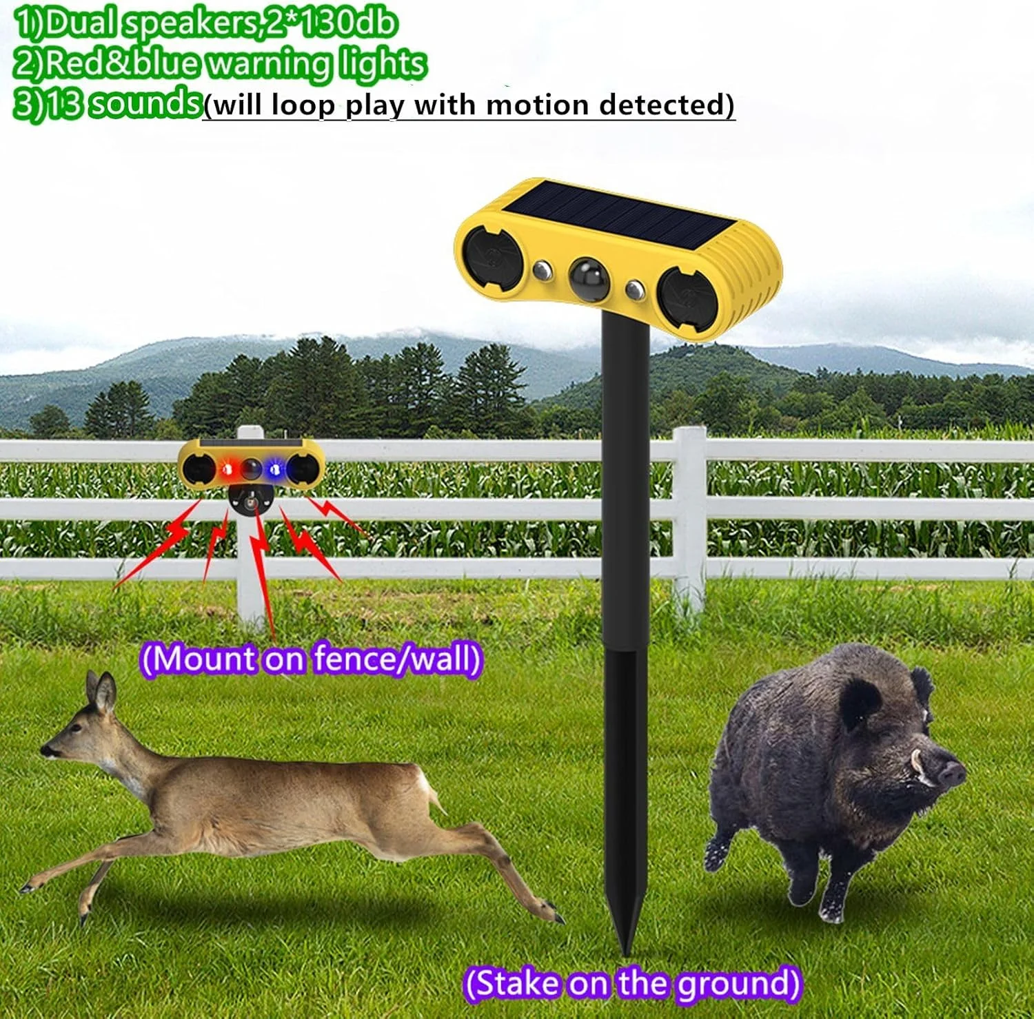آلارم حسگر حرکتی خورشیدی HULPPRE برای فضای باز - 13 صدا شامل صدای پارس سگ و شلیک گلوله، تولید کننده صدای بلند 2*130db، 4 حالت، نور بارق فعال با حرکت قرمز و آبی، با مزاحمان خداحافظی کنید