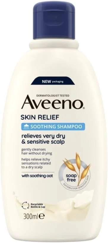 شامپو تسکین دهنده پوست سر Aveeno Skin Relief، حاوی جو دوسر تسکین دهنده، مناسب برای پوست سر بسیار خشک و حساس، مناسب برای موهای نازک و شکننده، بدون صابون، فرمول با تحمل بالا، 300 میلی لیتر