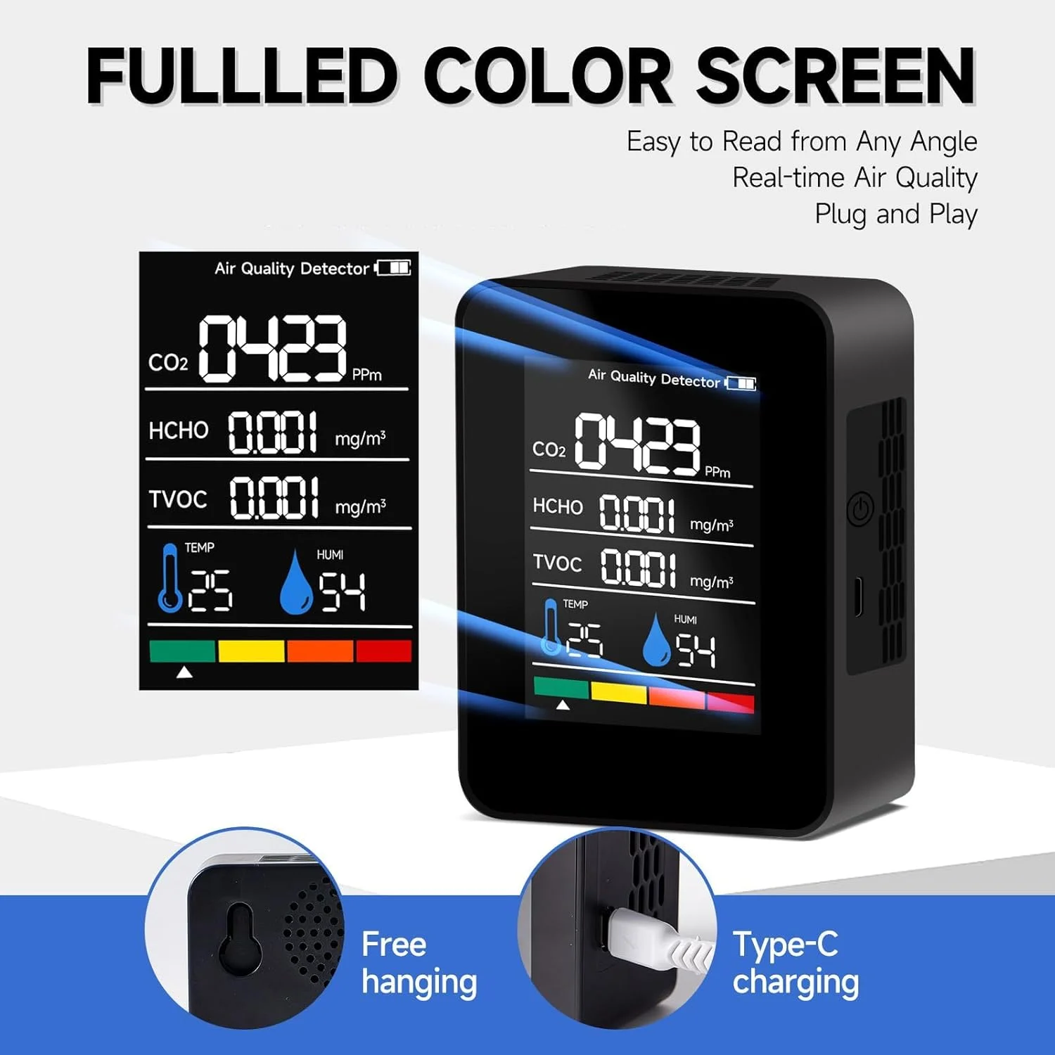 تستر کیفیت هوای 5 در 1 TERRIFI، مانیتور کیفیت هوای داخلی، مانیتور قابل حمل CO2، مانیتور کیفیت هوا برای CO2، TVOC، HCHO، رطوبت و دما، برای خانه، دفتر، مدرسه، هتل، ماشین