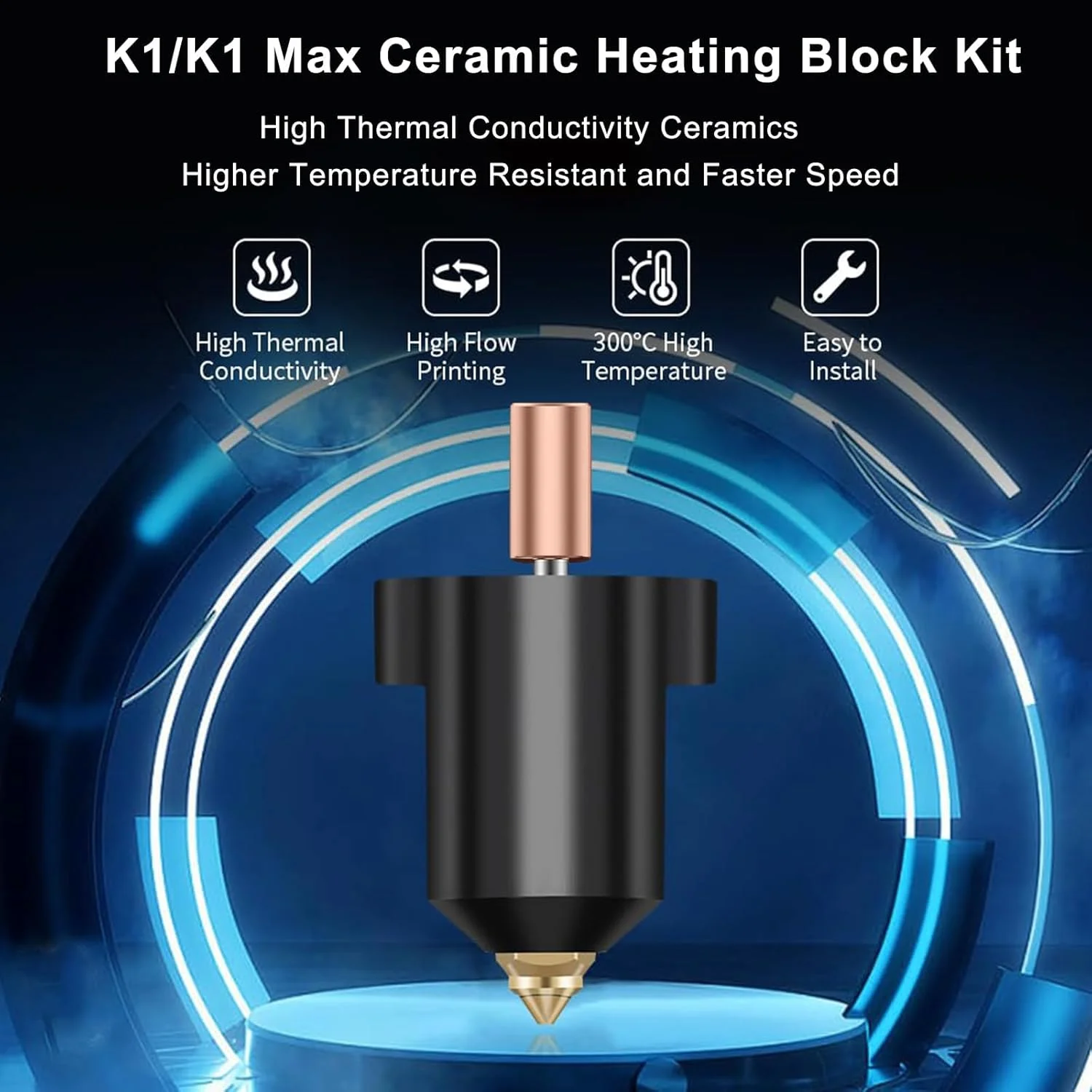 کیت بلوک گرمایش سرامیکی 300℃ TERRIFI K1، قطعات پرینتر سه بعدی تمام فلزی با مقاومت در برابر حرارت بالا، شامل 5 عدد نازل برنجی 0.4 میلی متری برای K1 / K1 Max