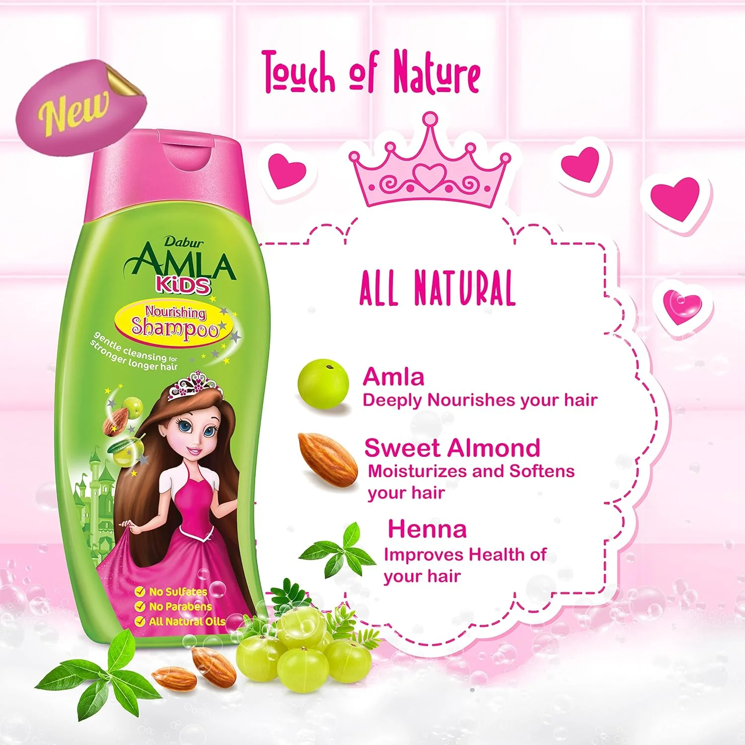 شامپو مغذی کودک دابور آملا 500 میلی لیتر | پاک کننده ملایم برای موهای قوی و بلند | فواید آملا، بادام و حنا | بدون سولفات و پارابن