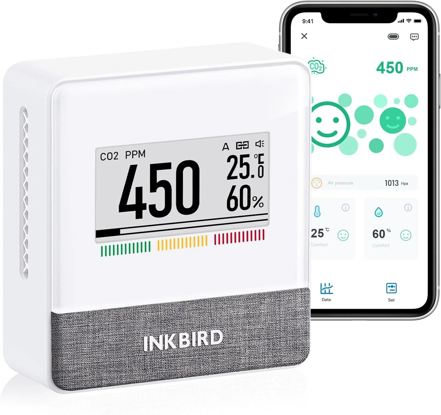 مانیتور هوشمند کیفیت هوای داخل خانه INKBIRD IAM-T1 با نمایشگر جوهر الکترونیکی، نشانگر سطح CO2، نظارت از طریق اپلیکیشن، نمایش دما، رطوبت نسبی و فشار هوا، با 4 سال عمر باتری برای خانه، دفتر و مدرسه