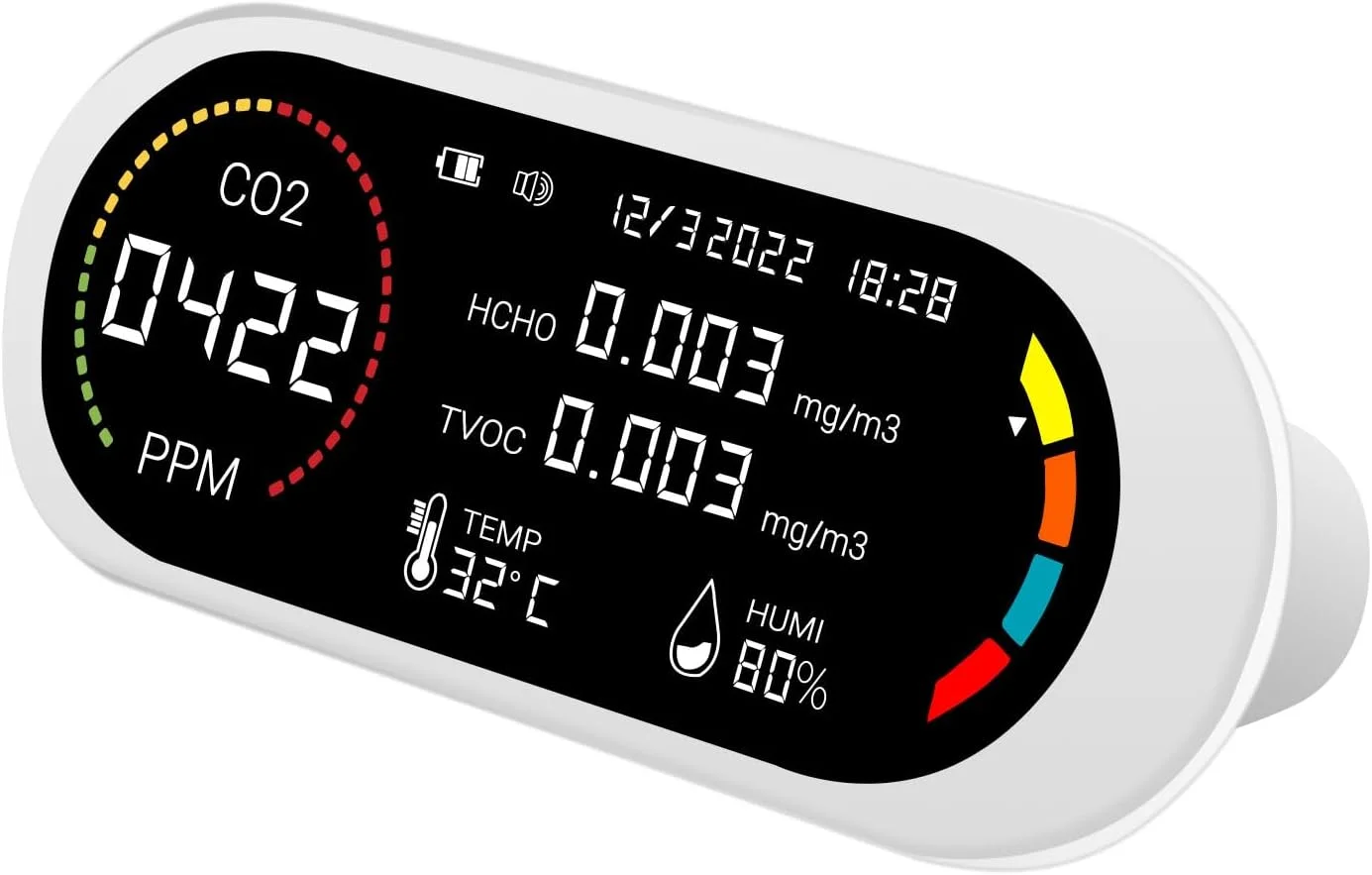 مانیتور کیفیت هوای اینکبرد، دستگاه تشخیص دی اکسید کربن 5 در 1، ردیاب فرمالدهید، دما و رطوبت با آلارم صوتی و تصویری، تست لحظه ای، دارای باتری برای خانه، دفتر و مدرسه