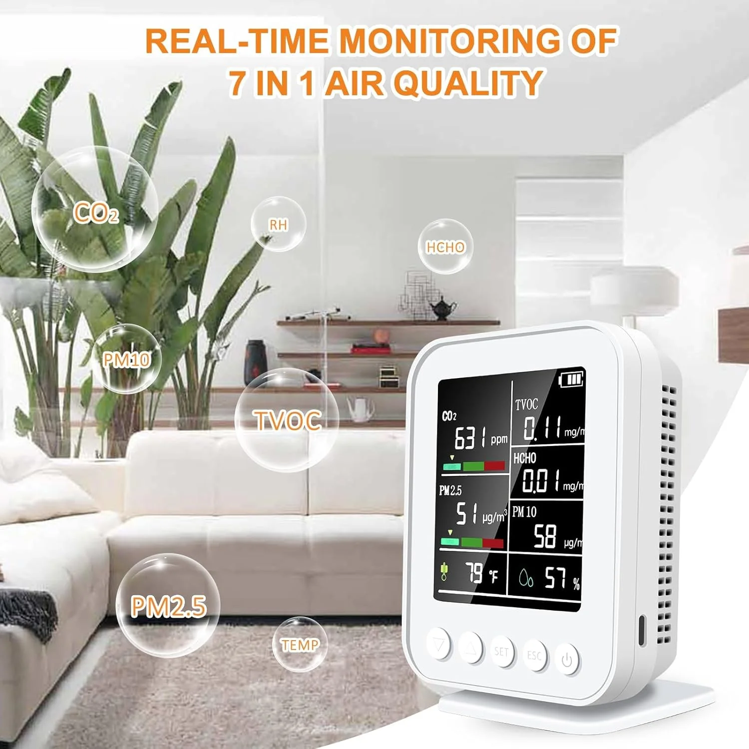 دستگاه سنجش کیفیت هوا 7 در 1 KASTWAVE برای استفاده در محیط داخلی - تشخیص PM2.5 و CO2، هشدارهای بیدرنگ با نمایشگر LED، تازهسازی داده 2 ثانیهای، 2 سال ذخیرهسازی، ایدهآل برای نظارت بر سلامت در خانه و محل کار دستگاه سنجش کیفیت هوا 7 در 1 KASTWAVE برای استفاده در محیط داخلی - تشخیص PM2.5 و CO2، هشدارهای بیدرنگ با نمایشگر LED، تازهسازی داده 2 ثانیهای، 2 سال ذخیرهسازی، ایدهآل برای نظارت بر سلامت در خانه و محل کار