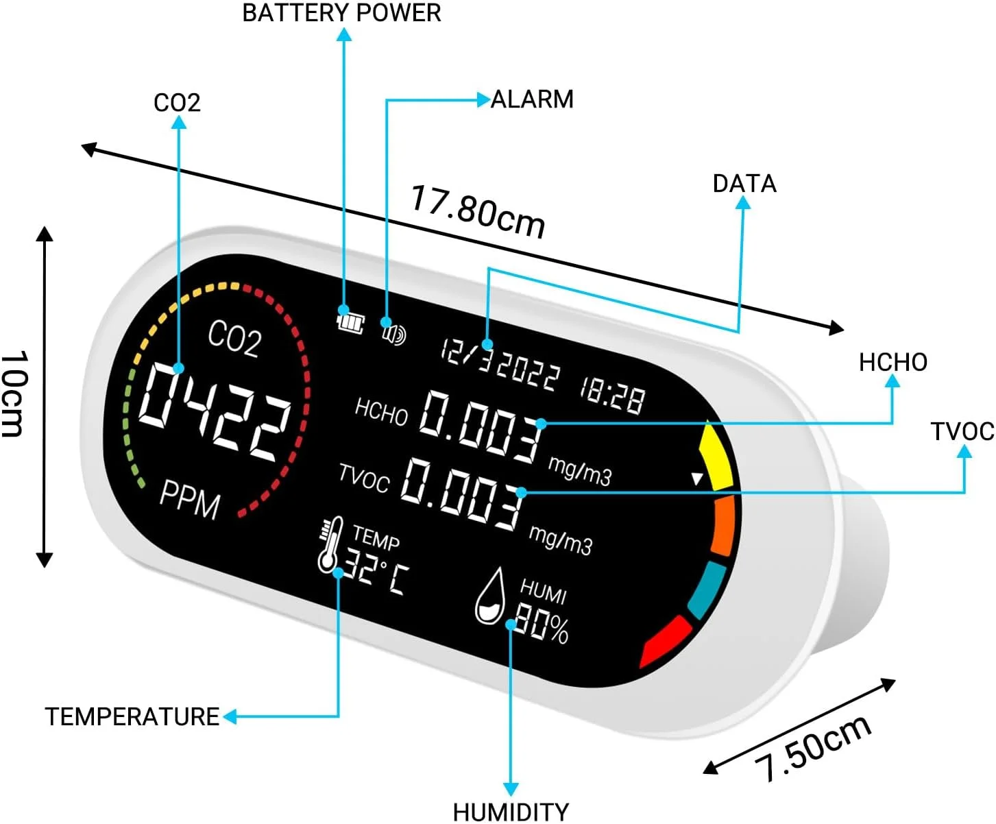 مانیتور کیفیت هوای اینکبرد، دستگاه تشخیص دی اکسید کربن 5 در 1، ردیاب فرمالدهید، دما و رطوبت با آلارم صوتی و تصویری، تست لحظه ای، دارای باتری برای خانه، دفتر و مدرسه مانیتور کیفیت هوای اینکبرد، دستگاه تشخیص دی اکسید کربن 5 در 1، ردیاب فرمالدهید، دما و رطوبت با آلارم صوتی و تصویری، تست لحظه ای، دارای باتری برای خانه، دفتر و مدرسه