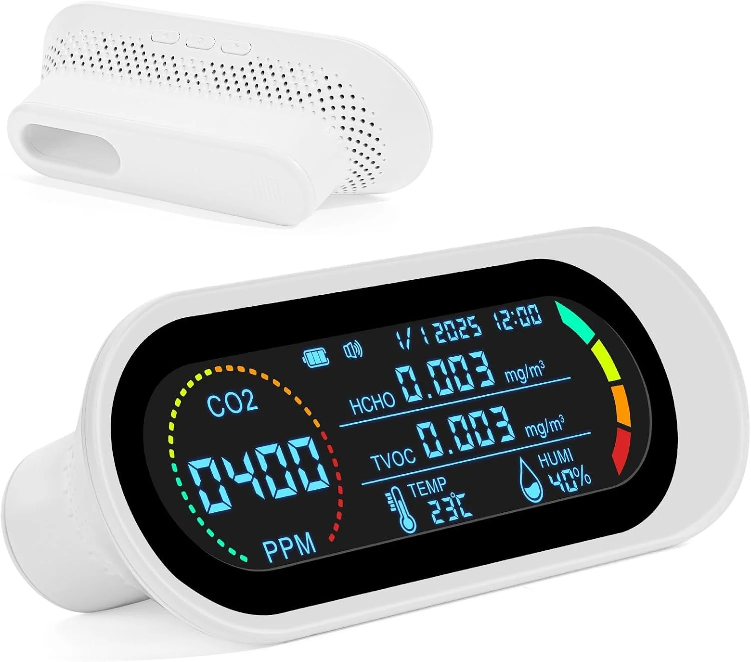 دستگاه سنجش کیفیت هوای داخل خانه KASTWAVE - تستر هوای قابل حمل 5 در 1 با قابلیت تشخیص CO2، TVOC و HCHO | آلارم دی اکسید کربن | ایده آل برای خانه، دفتر، مدرسه، مسافرت و استفاده در خودرو