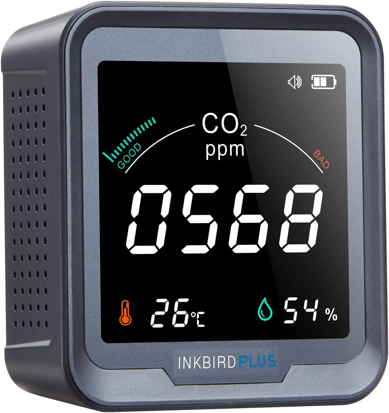 دستگاه سنجش کیفیت هوای داخل INKBIRDPLUS، دماسنج و رطوبت سنج، ردیاب دی اکسید کربن، دستگاه CO2 داخلی با عملکرد هشدار، ردیاب CO2 برای گلخانه ها، انبارهای شراب، خانه ها و خودروها